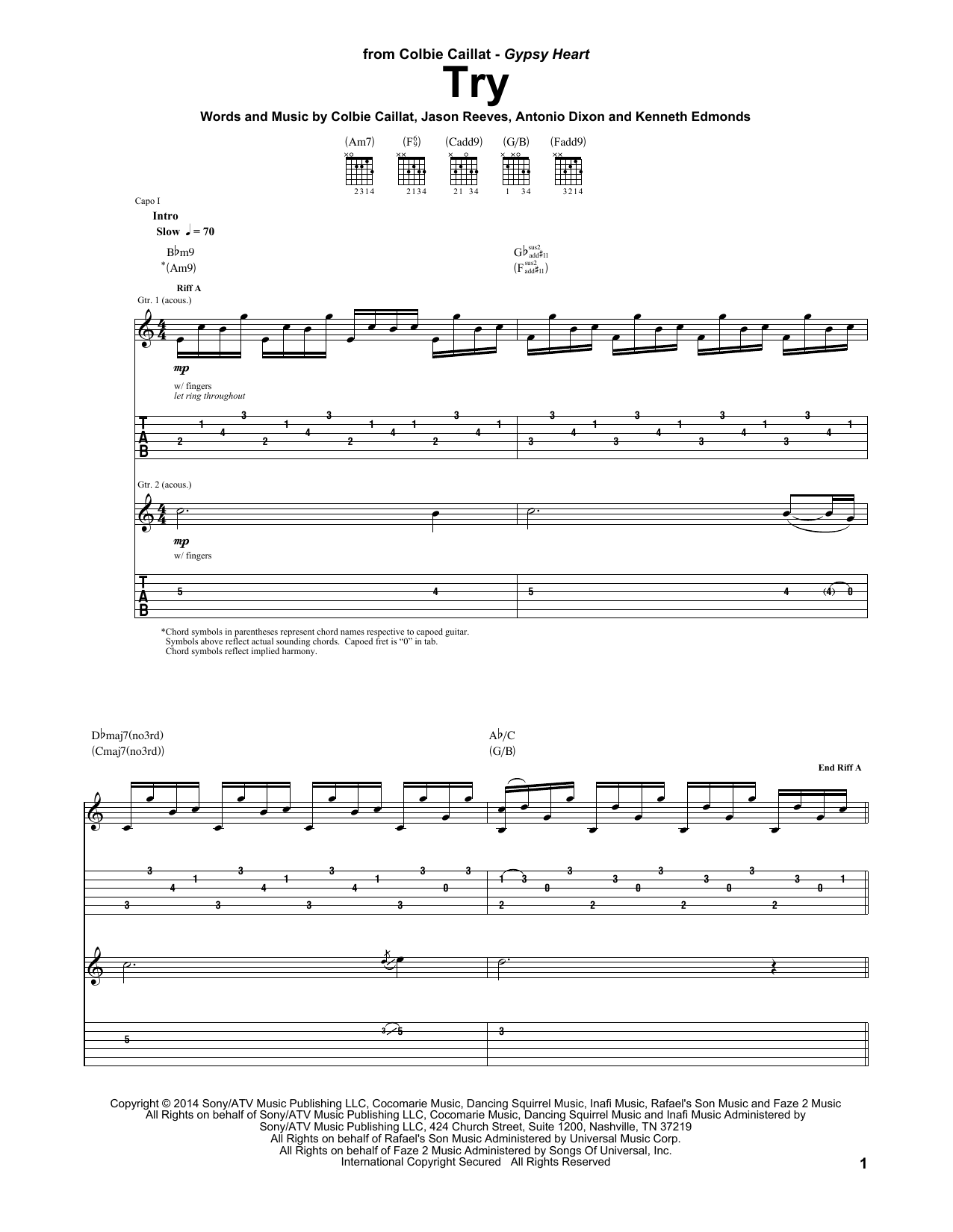 Download Colbie Caillat Try Sheet Music and learn how to play Guitar Tab PDF digital score in minutes