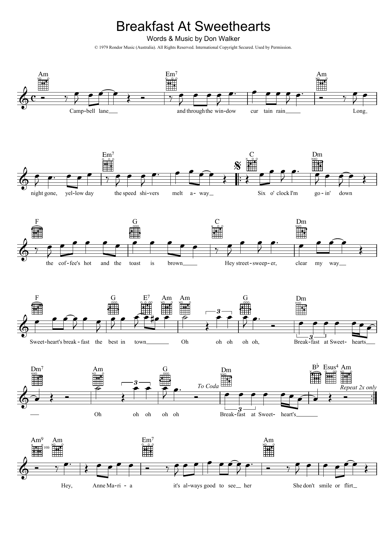 Download Cold Chisel Breakfast At Sweethearts Sheet Music and learn how to play Melody Line, Lyrics & Chords PDF digital score in minutes