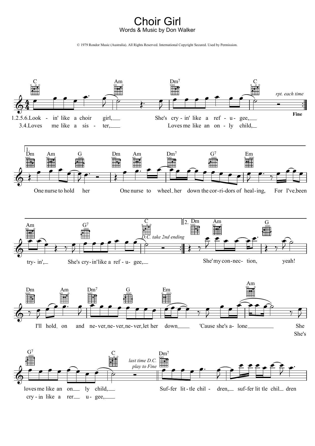 Download Cold Chisel Choir Girl Sheet Music and learn how to play Beginner Piano PDF digital score in minutes
