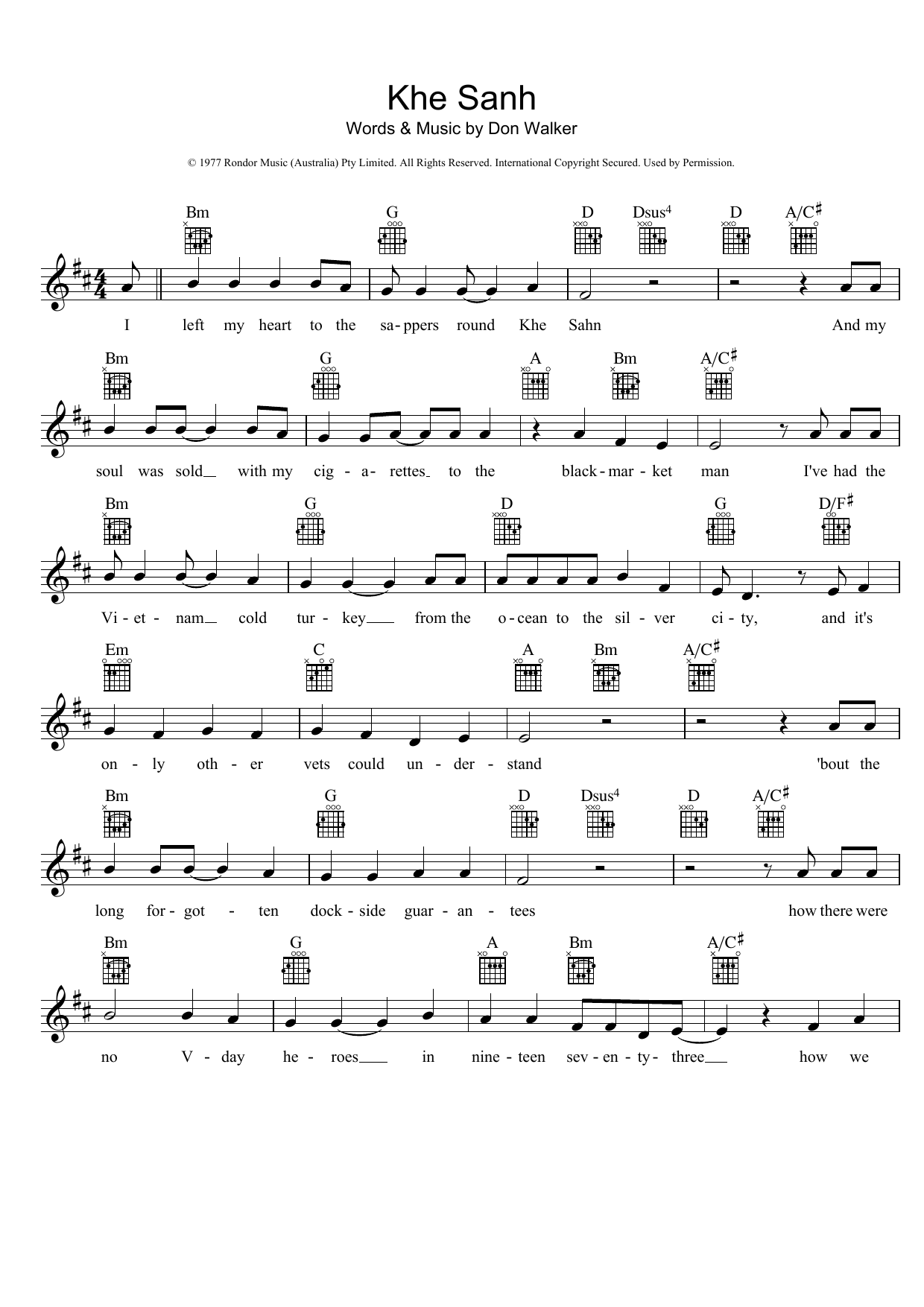 Download Cold Chisel Khe Sanh Sheet Music and learn how to play Easy Piano PDF digital score in minutes