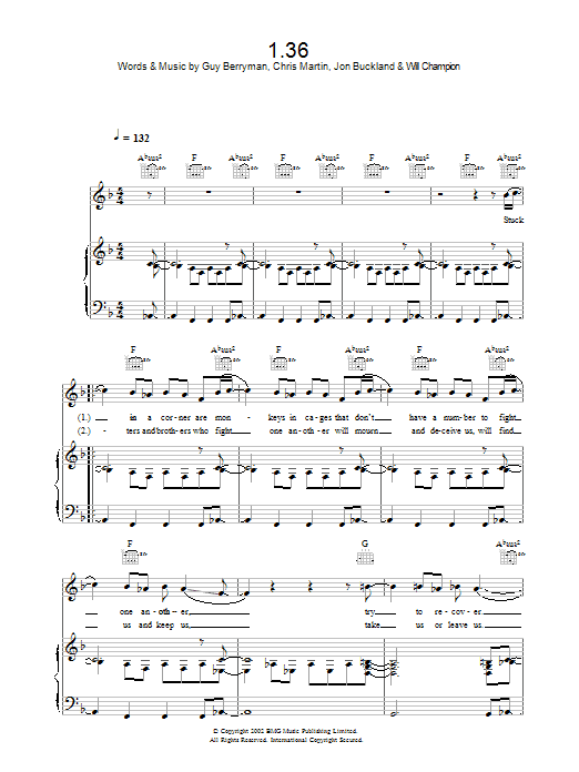 Download Coldplay 1.36 Sheet Music and learn how to play Lyrics Only PDF digital score in minutes
