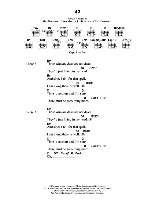 Download Coldplay 42 Sheet Music and learn how to play Lyrics & Chords PDF digital score in minutes