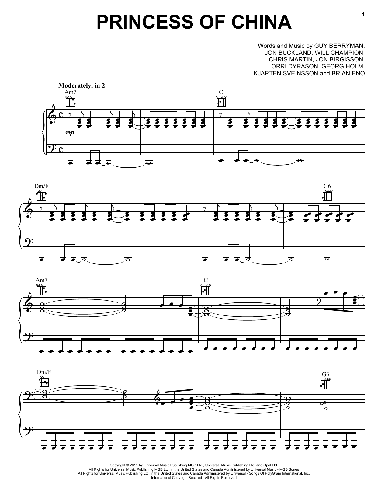 Download Coldplay & Rihanna Princess Of China Sheet Music and learn how to play Piano, Vocal & Guitar Chords (Right-Hand Melody) PDF digital score in minutes