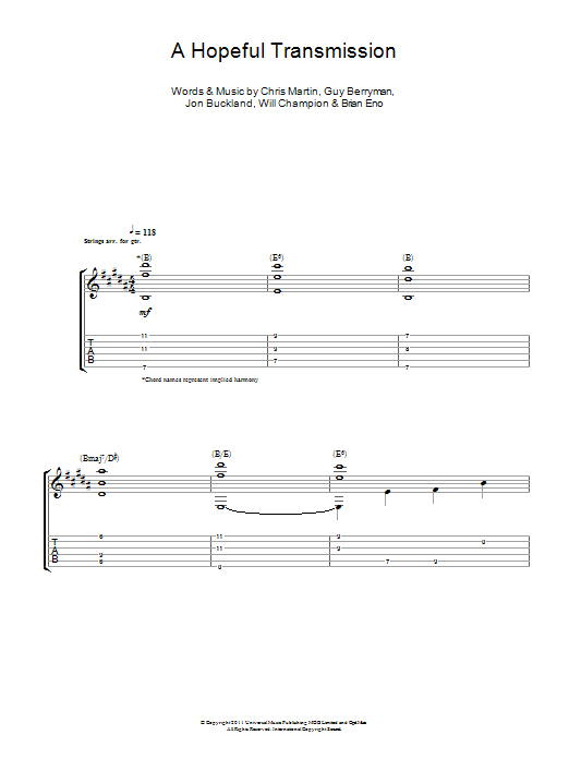 Download Coldplay A Hopeful Transmission Sheet Music and learn how to play Guitar Tab PDF digital score in minutes