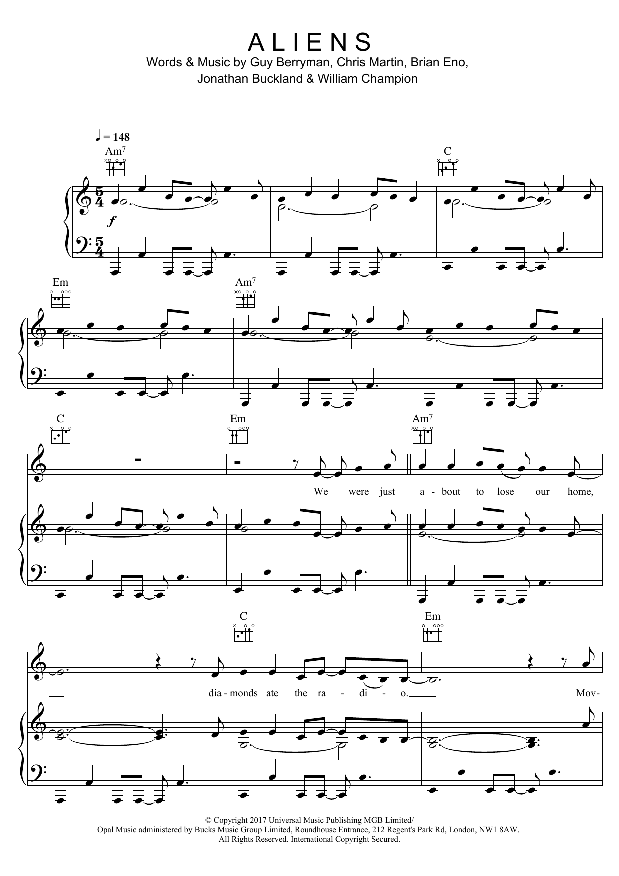 Download Coldplay A L I E N S Sheet Music and learn how to play Piano, Vocal & Guitar (Right-Hand Melody) PDF digital score in minutes