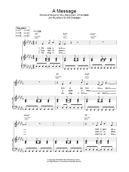 Download Coldplay A Message Sheet Music and learn how to play Melody Line, Lyrics & Chords PDF digital score in minutes