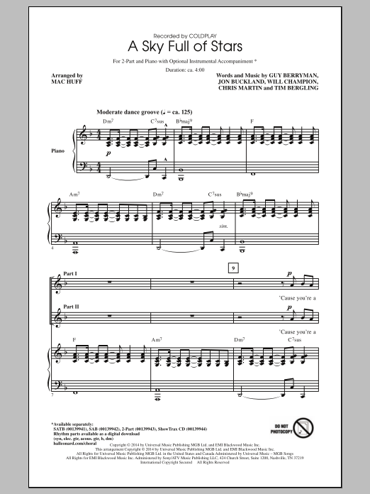 Download Coldplay A Sky Full Of Stars (arr. Mac Huff) Sheet Music and learn how to play SAB PDF digital score in minutes