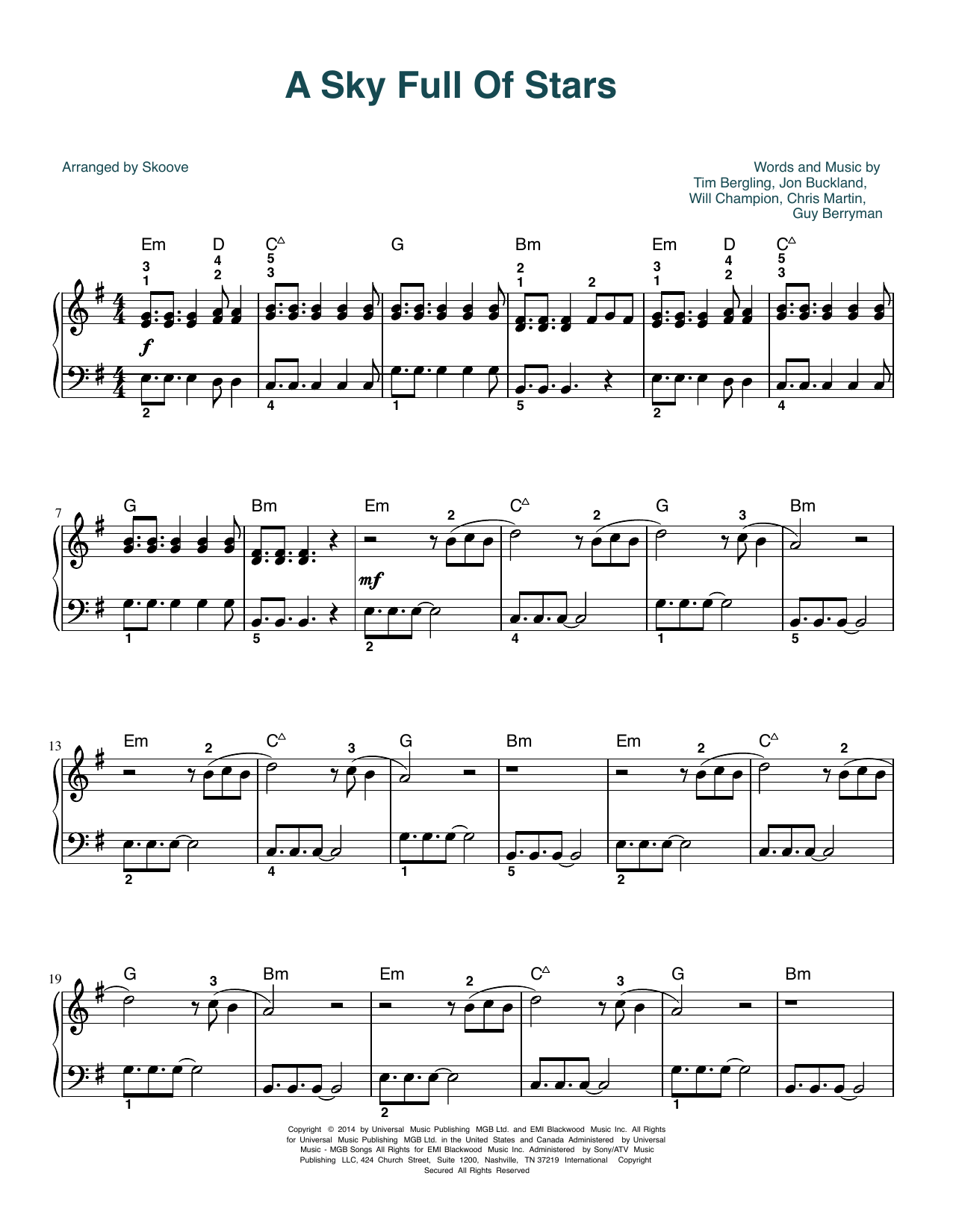 Download Coldplay A Sky Full Of Stars (arr. Skoove) Sheet Music and learn how to play Easy Piano PDF digital score in minutes