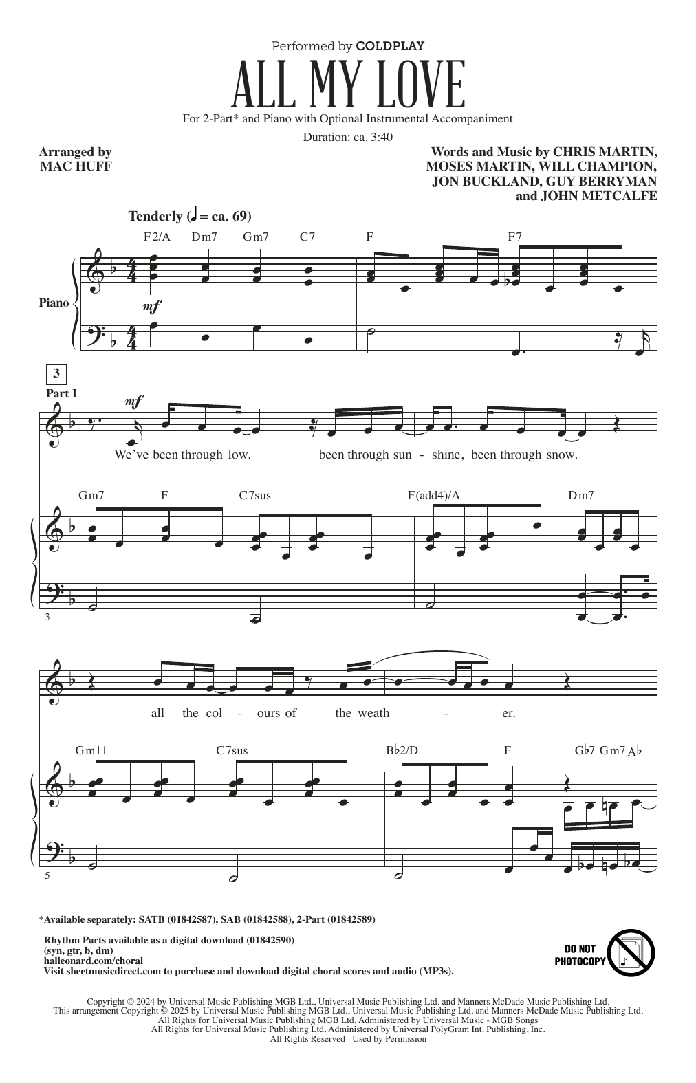 Download Coldplay All My Love (arr. Mac Huff) Sheet Music and learn how to play 2-Part Choir PDF digital score in minutes