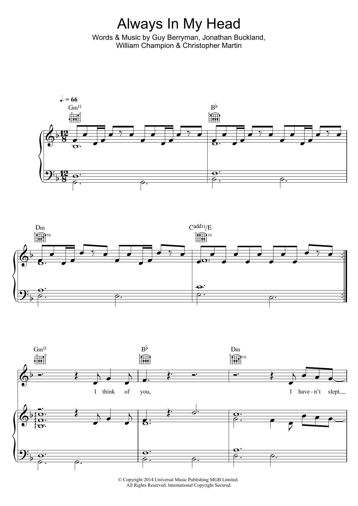 Download Coldplay Always In My Head Sheet Music and learn how to play Piano, Vocal & Guitar (Right-Hand Melody) PDF digital score in minutes