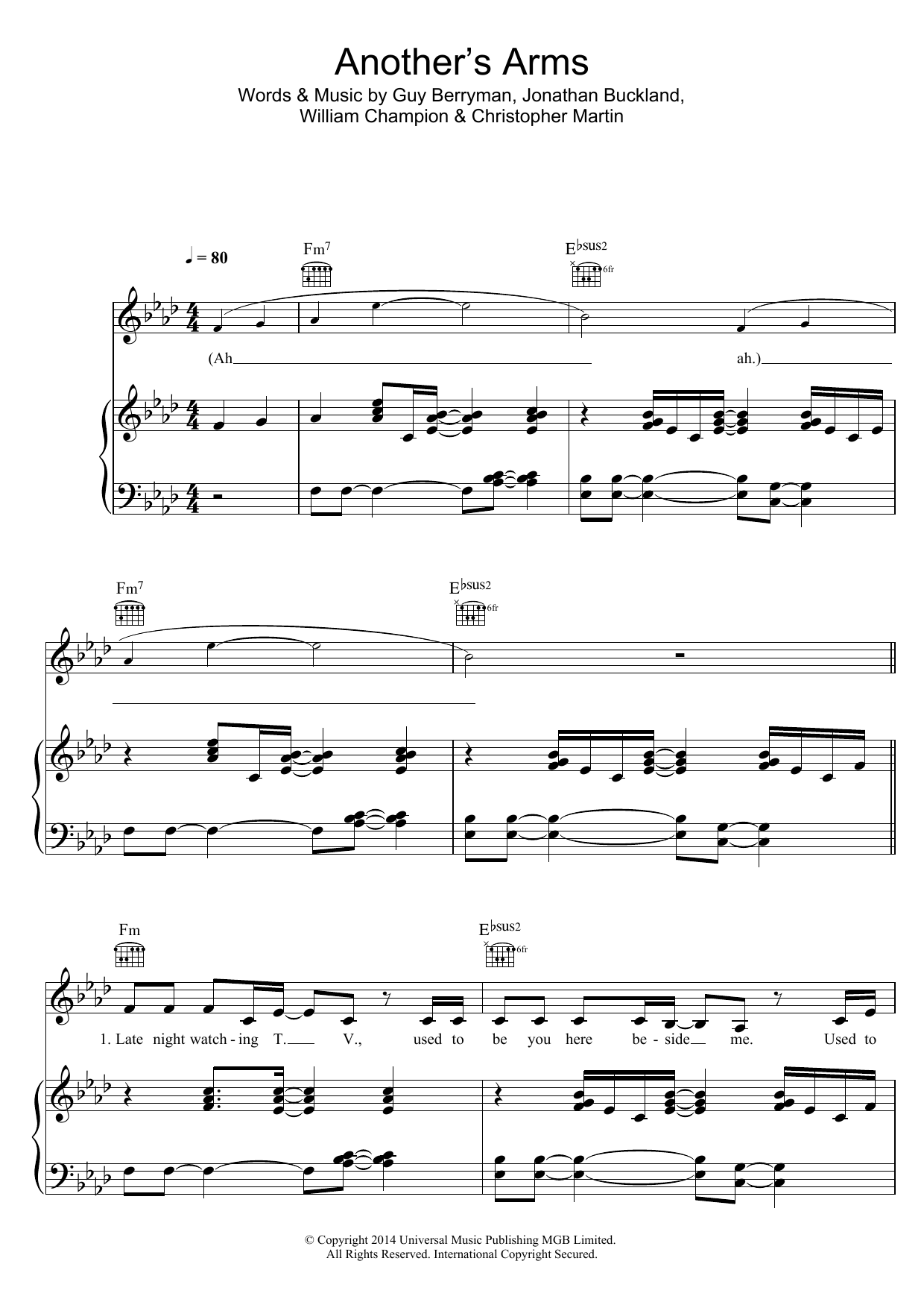 Download Coldplay Another's Arms Sheet Music and learn how to play Piano, Vocal & Guitar (Right-Hand Melody) PDF digital score in minutes