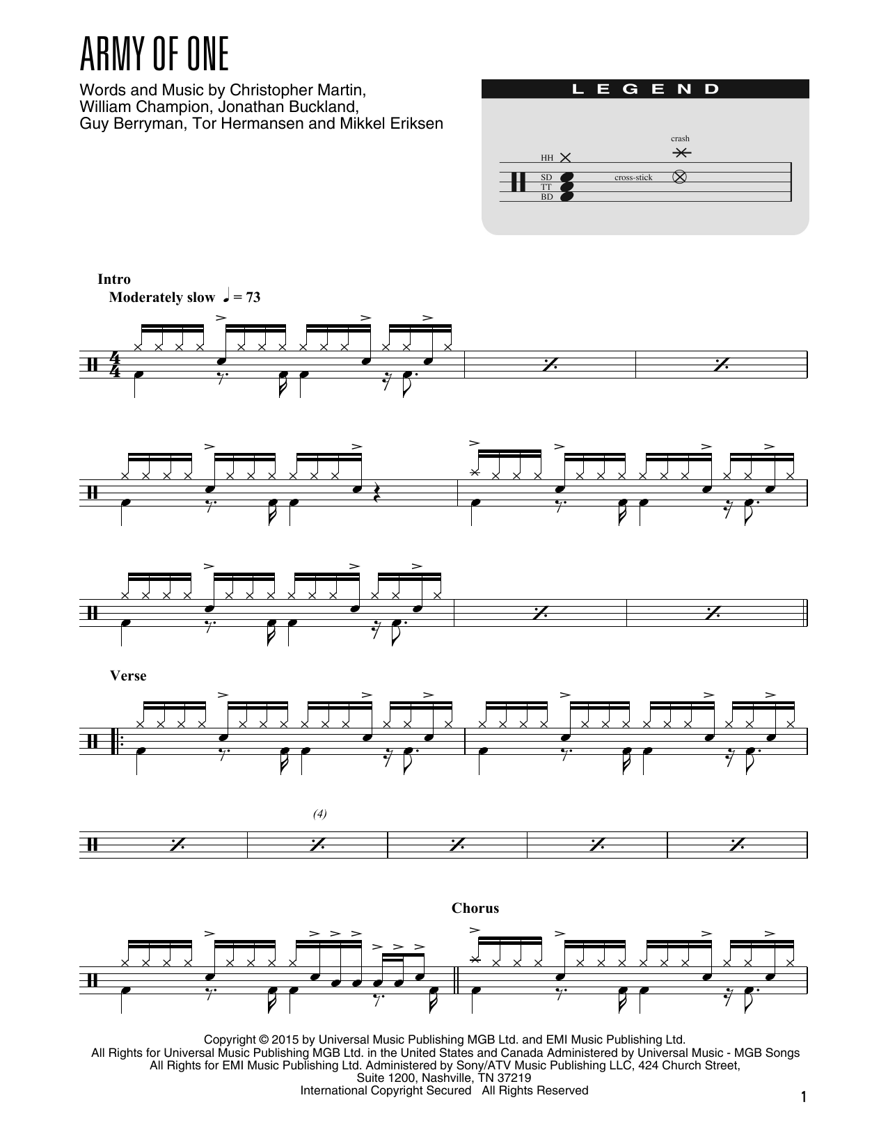 Download Coldplay Army Of One (arr. Kennan Wylie) Sheet Music and learn how to play Drum Chart PDF digital score in minutes