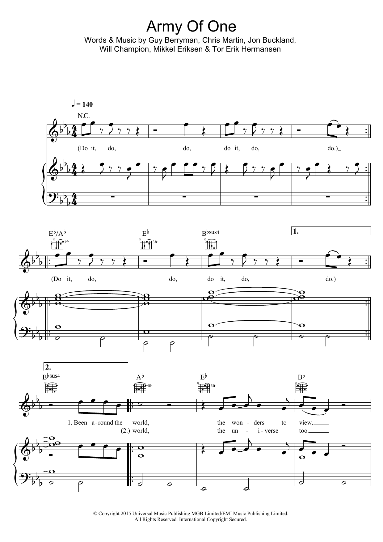 Download Coldplay Army Of One Sheet Music and learn how to play Piano, Vocal & Guitar (Right-Hand Melody) PDF digital score in minutes