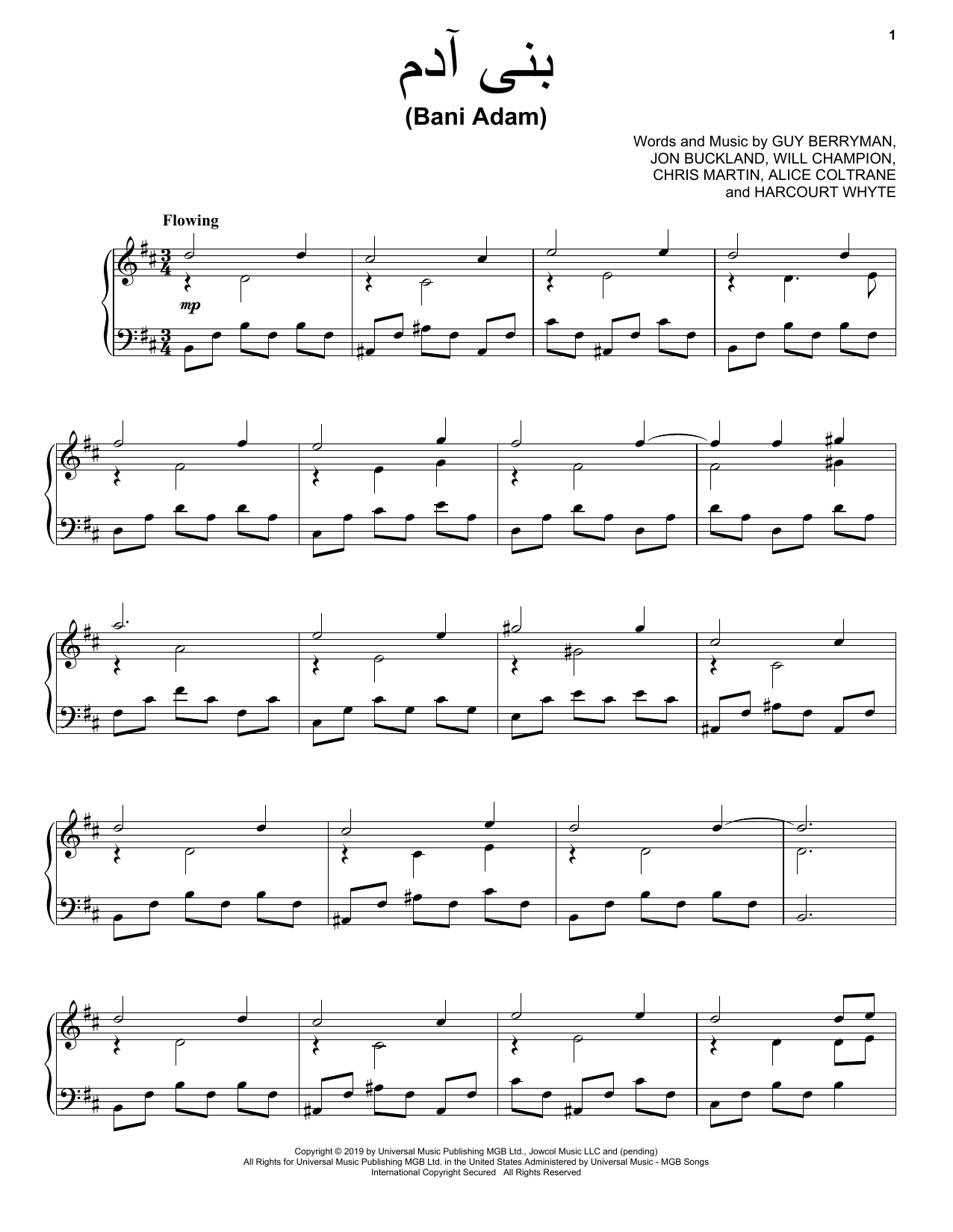 Download Coldplay Bani Adam Sheet Music and learn how to play Piano, Vocal & Guitar Chords (Right-Hand Melody) PDF digital score in minutes