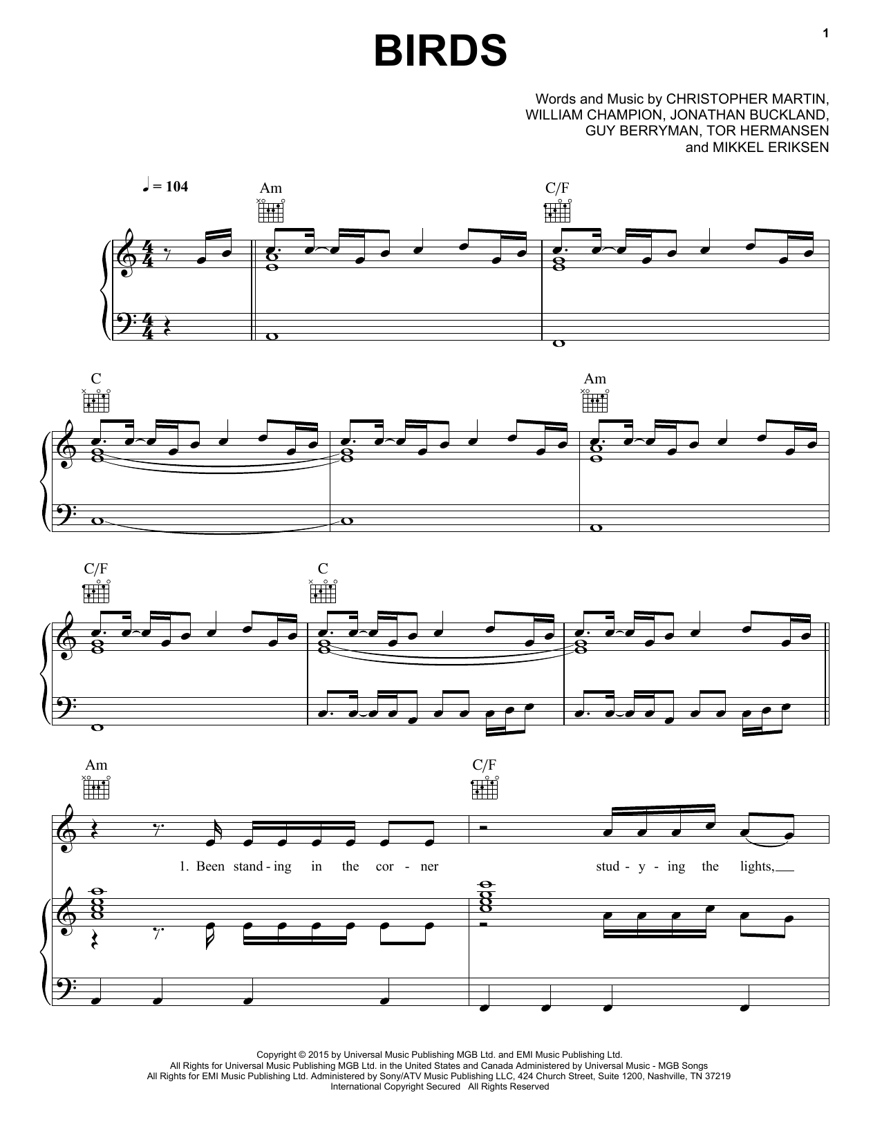 Download Coldplay Birds Sheet Music and learn how to play Piano, Vocal & Guitar (Right-Hand Melody) PDF digital score in minutes