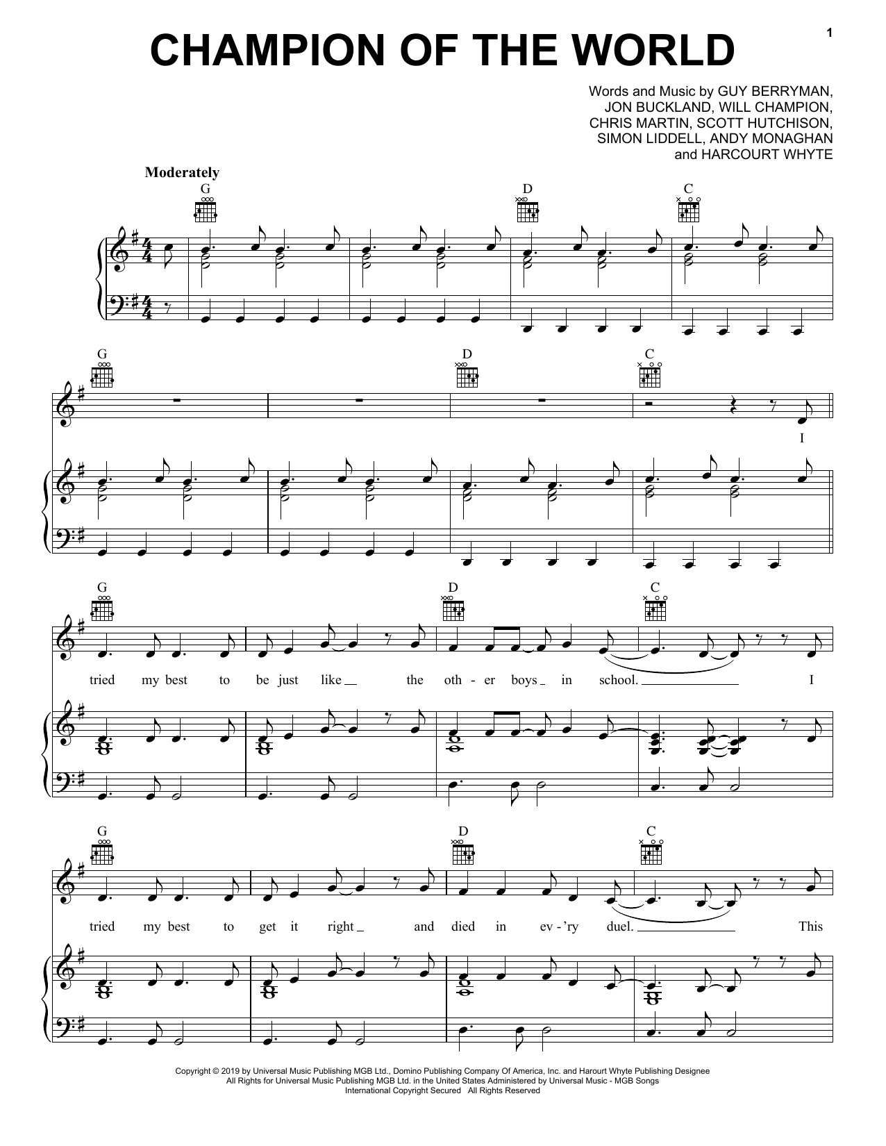 Download Coldplay Champion Of The World Sheet Music and learn how to play Piano, Vocal & Guitar Chords (Right-Hand Melody) PDF digital score in minutes