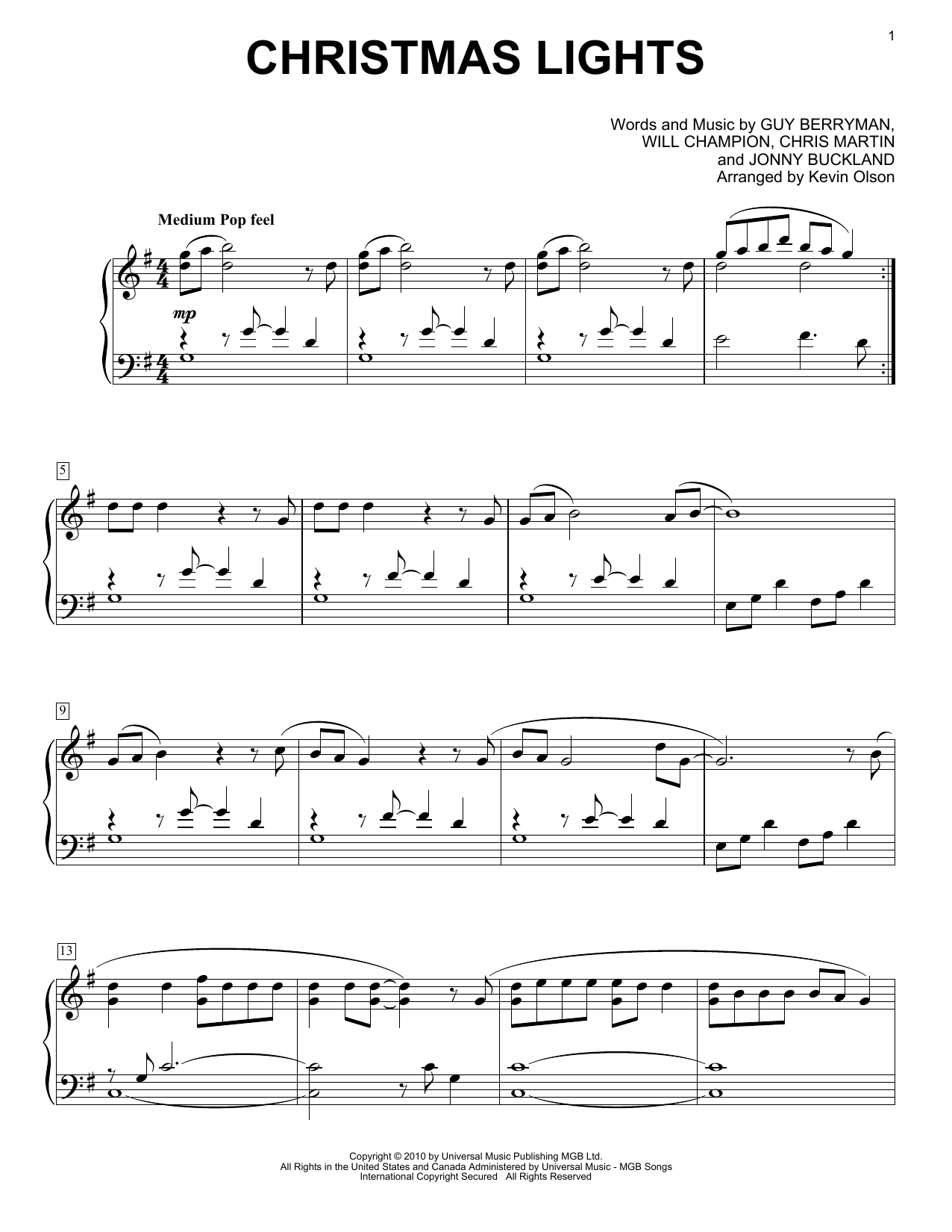 Download Coldplay Christmas Lights (arr. Kevin Olson) Sheet Music and learn how to play Easy Piano Solo PDF digital score in minutes