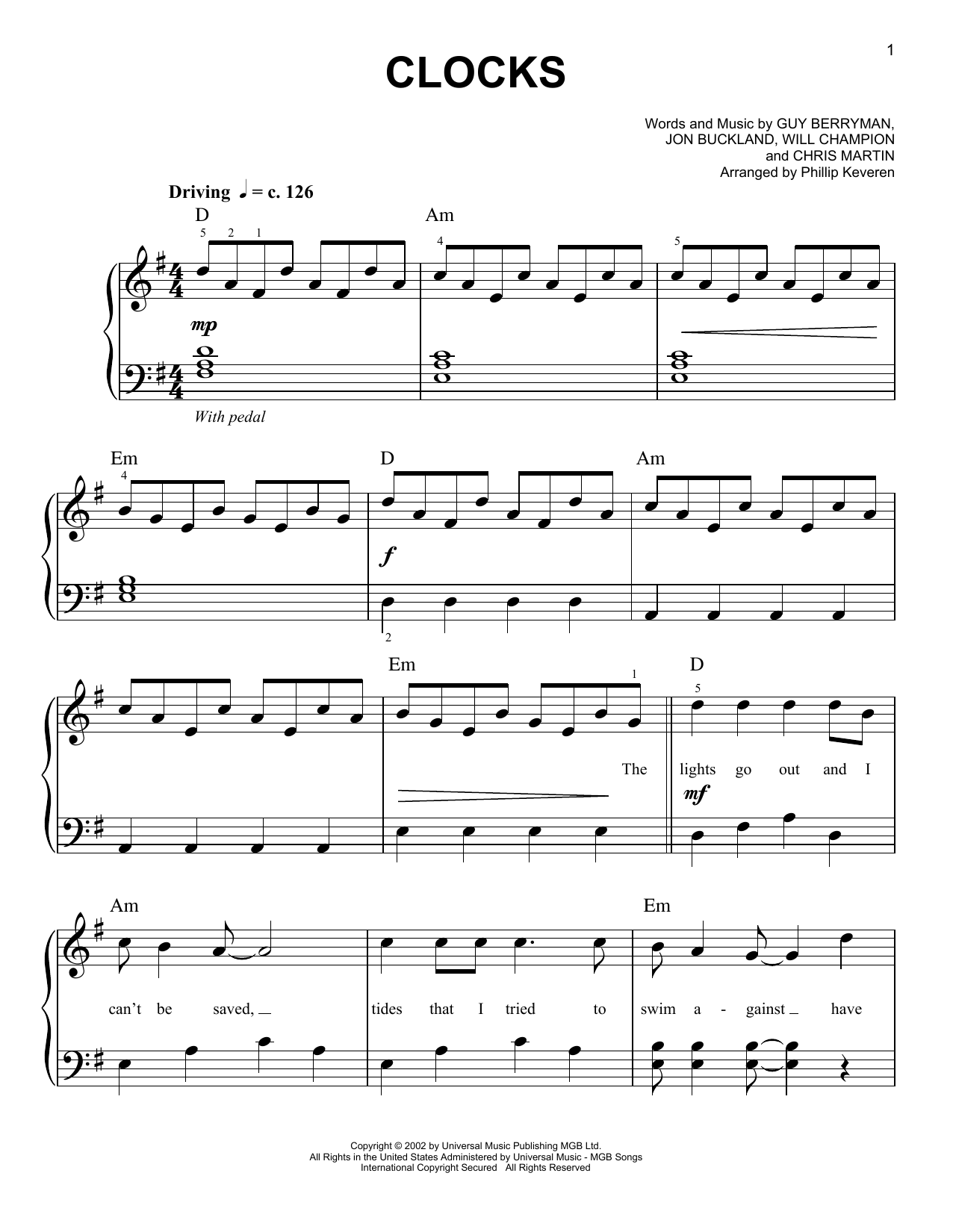 Download Coldplay Clocks (arr. Phillip Keveren) Sheet Music and learn how to play Easy Piano PDF digital score in minutes