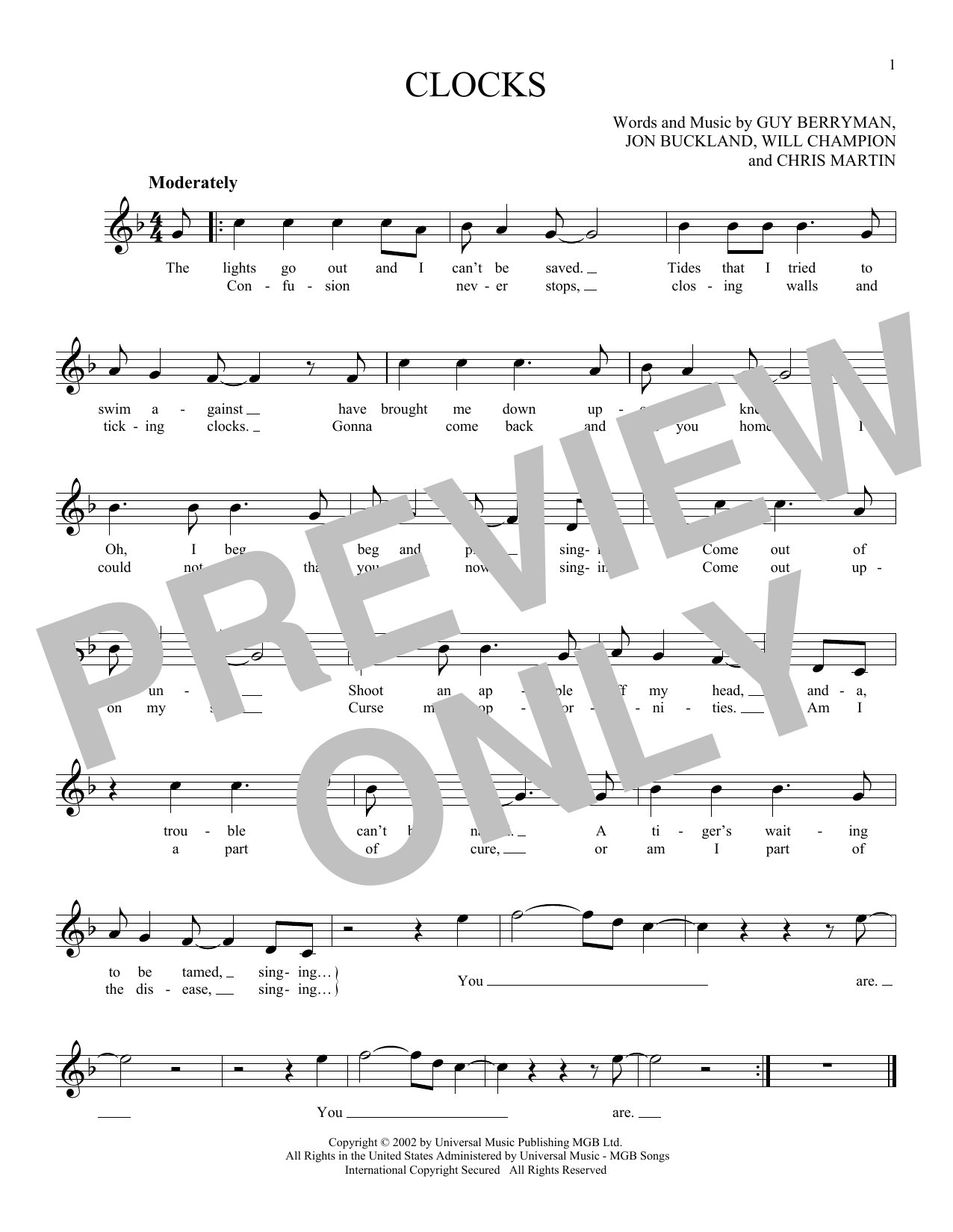 Download Coldplay Clocks Sheet Music and learn how to play Piano (Big Notes) PDF digital score in minutes