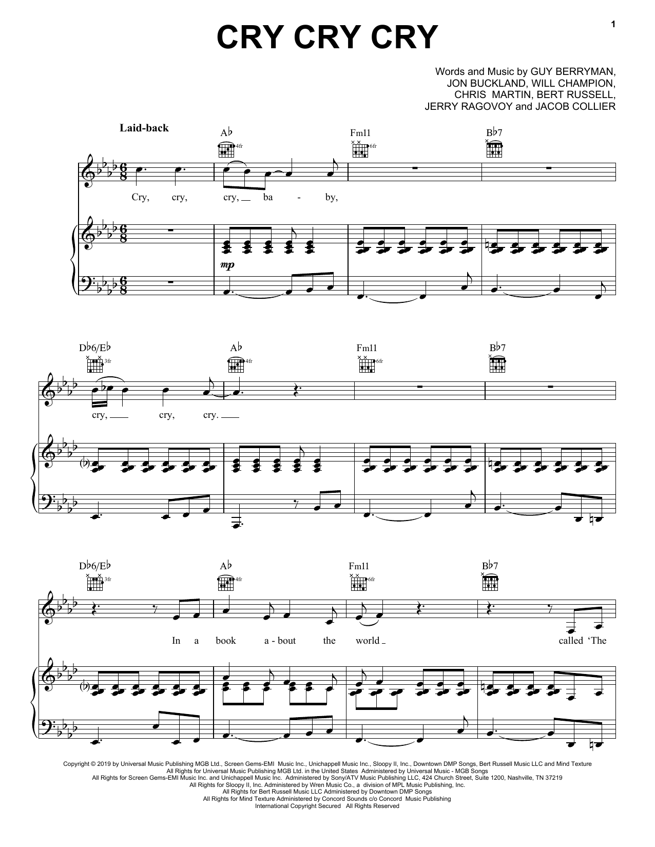 Download Coldplay Cry Cry Cry Sheet Music and learn how to play Piano, Vocal & Guitar Chords (Right-Hand Melody) PDF digital score in minutes