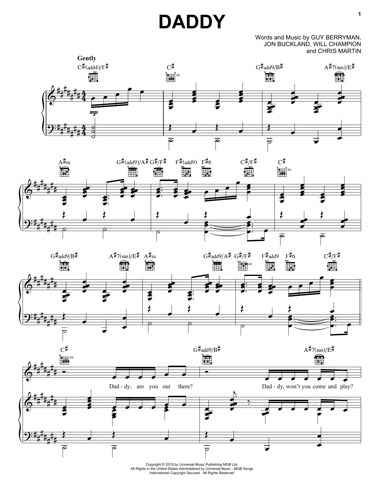 Download Coldplay Daddy Sheet Music and learn how to play Piano, Vocal & Guitar Chords (Right-Hand Melody) PDF digital score in minutes