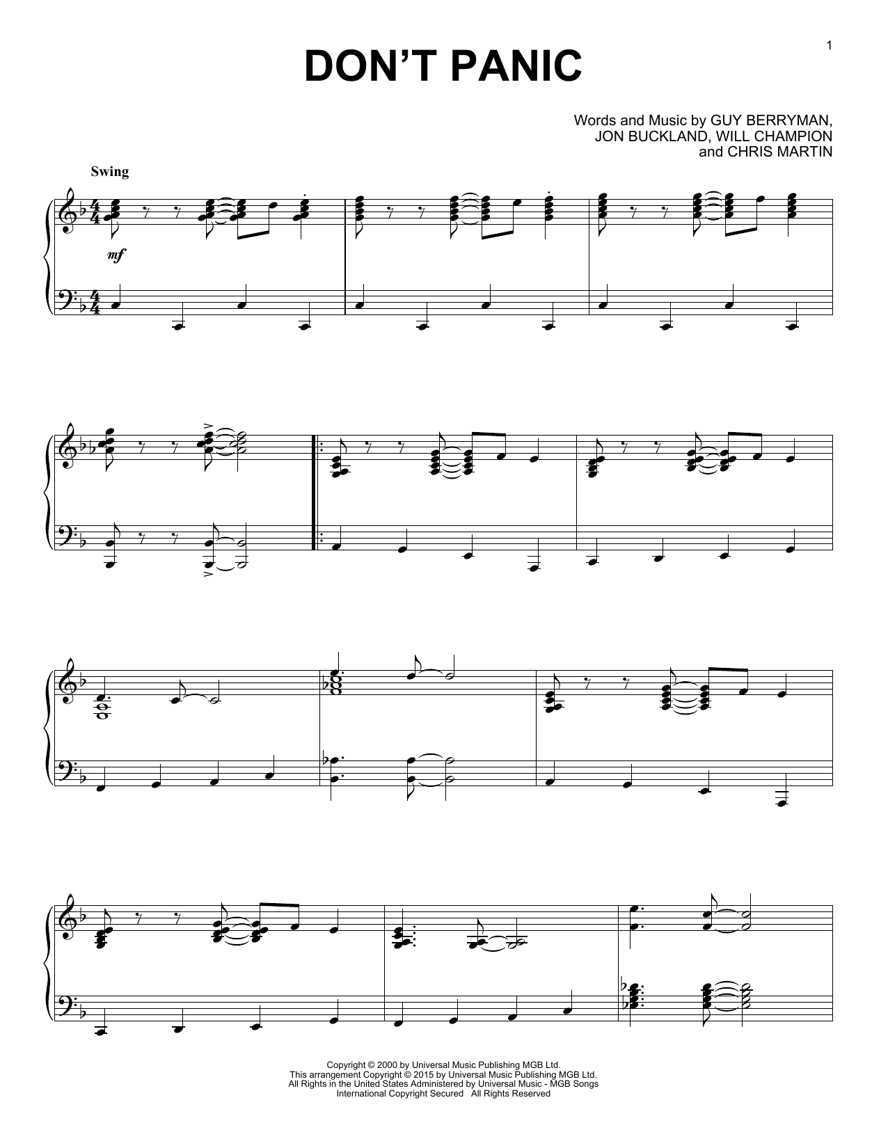 Download Coldplay Don't Panic Sheet Music and learn how to play Piano PDF digital score in minutes