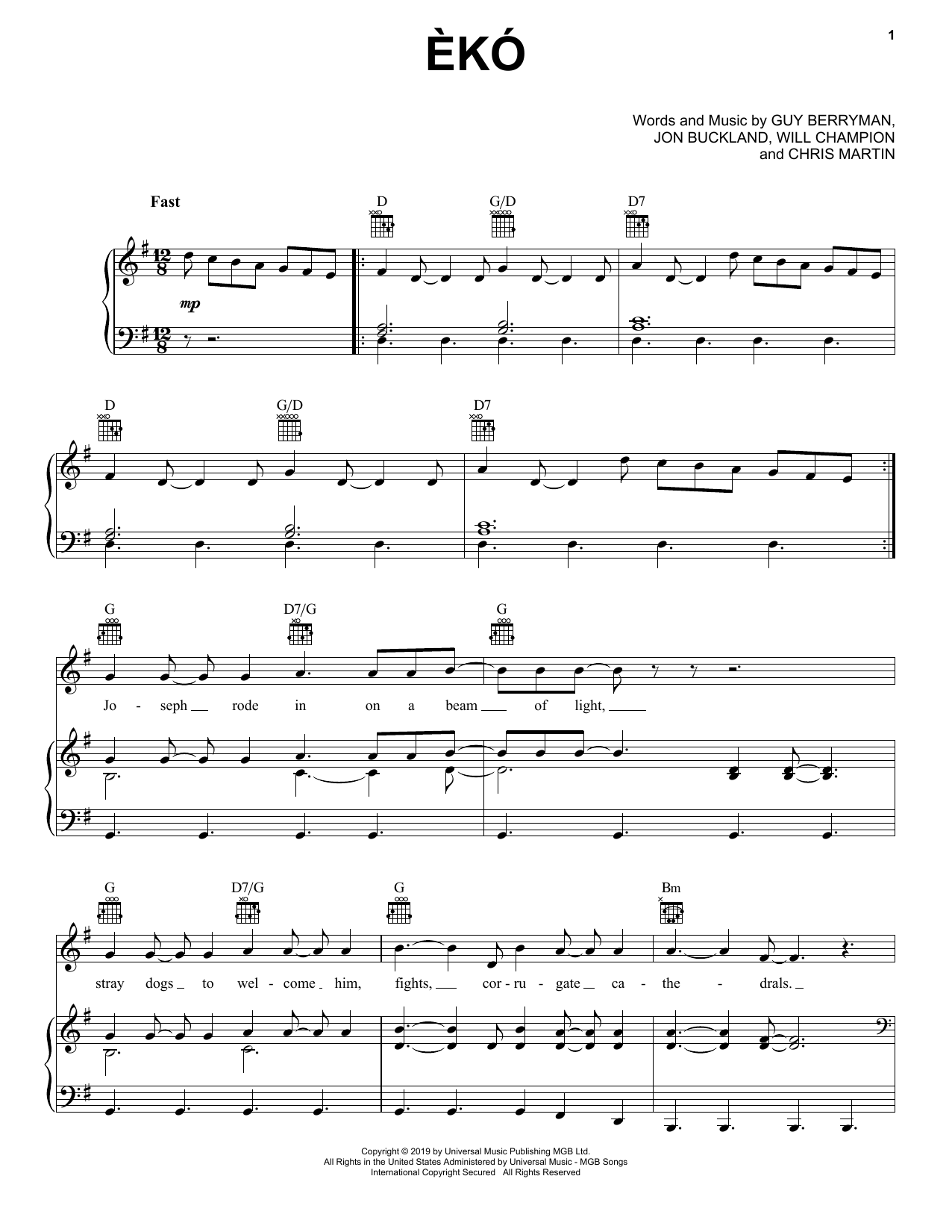 Download Coldplay Eko Sheet Music and learn how to play Piano, Vocal & Guitar Chords (Right-Hand Melody) PDF digital score in minutes