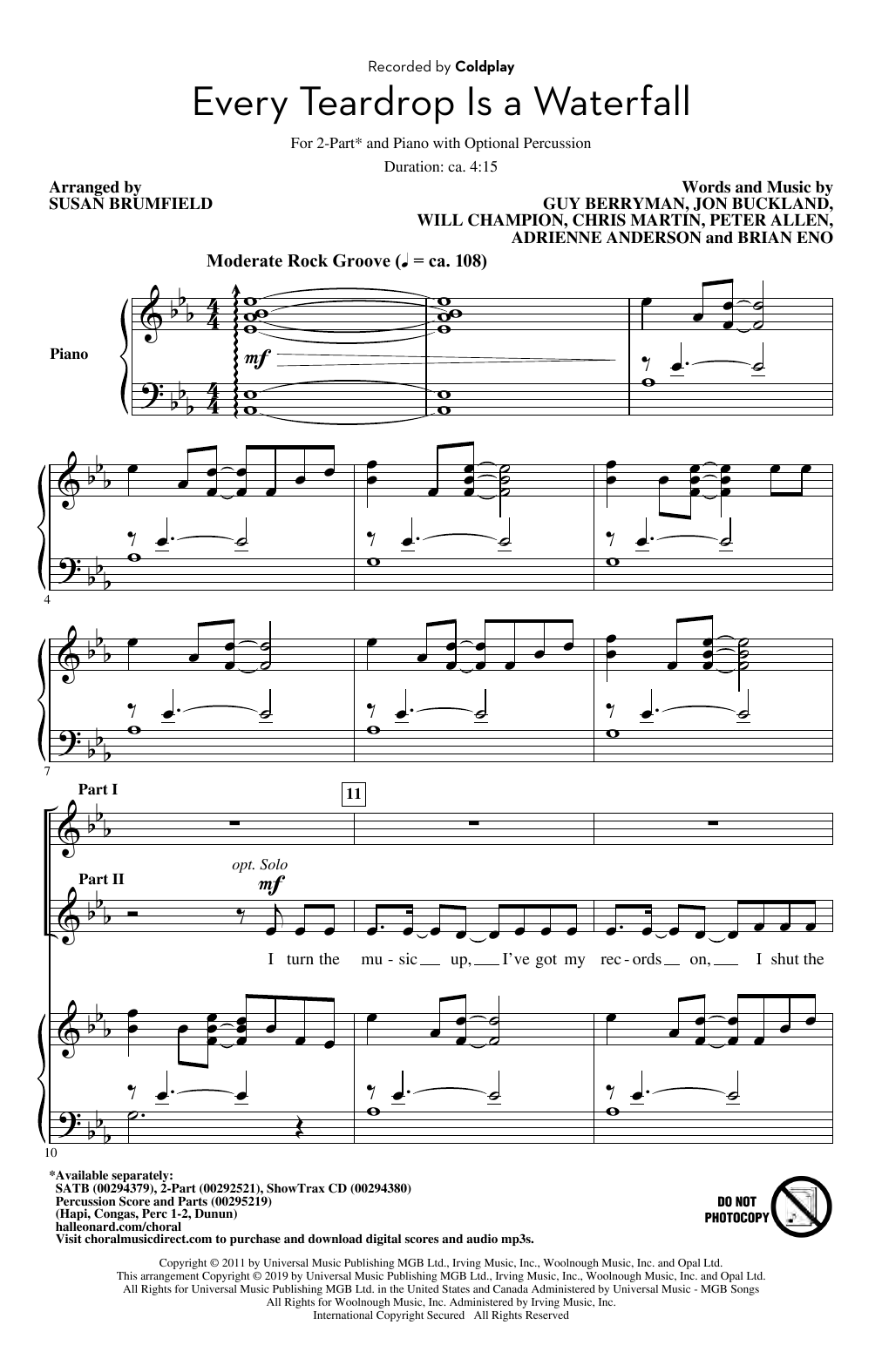 Download Coldplay Every Teardrop Is A Waterfall (arr. Susan Brumfield) Sheet Music and learn how to play 2-Part Choir PDF digital score in minutes