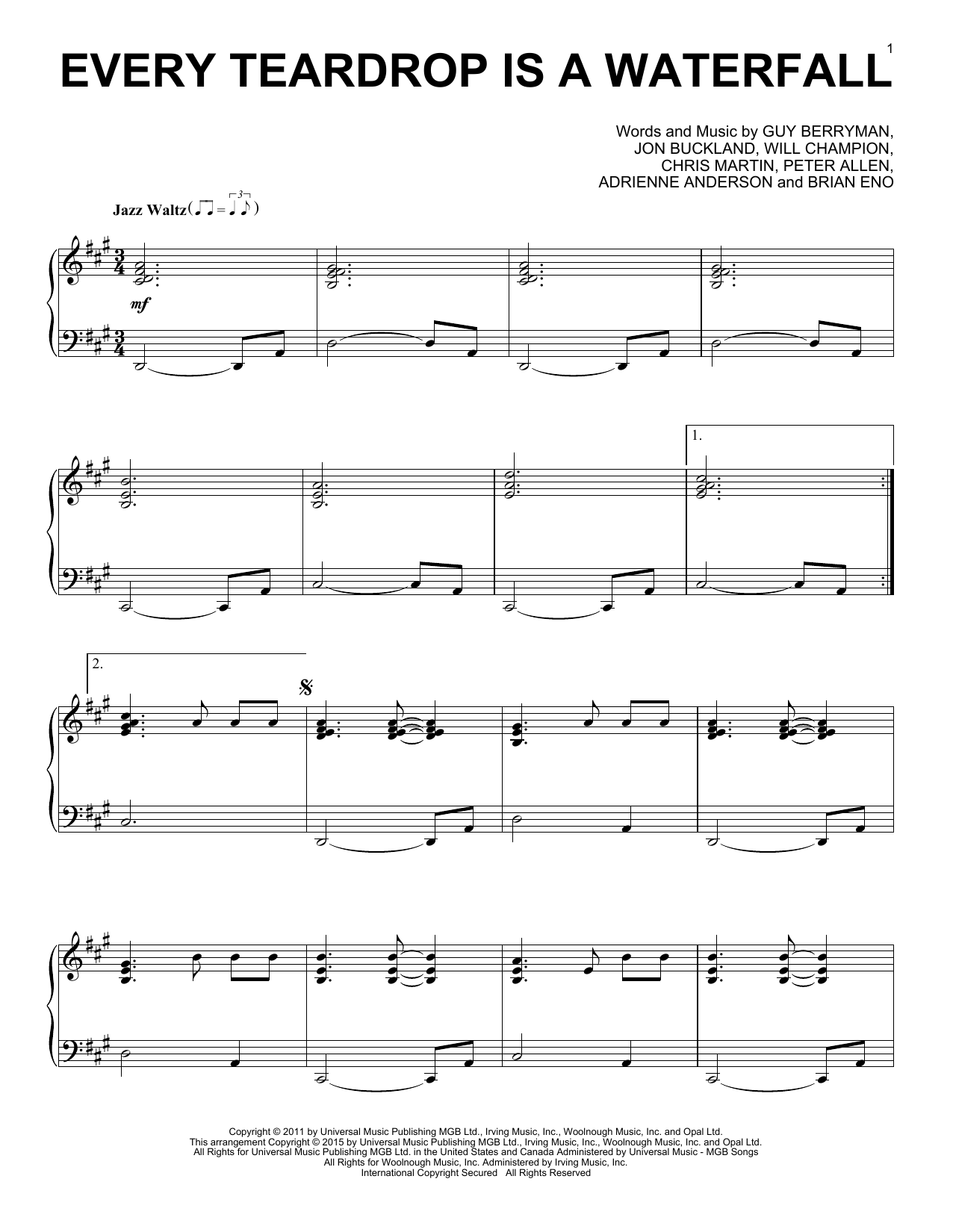 Download Coldplay Every Teardrop Is A Waterfall Sheet Music and learn how to play Piano PDF digital score in minutes