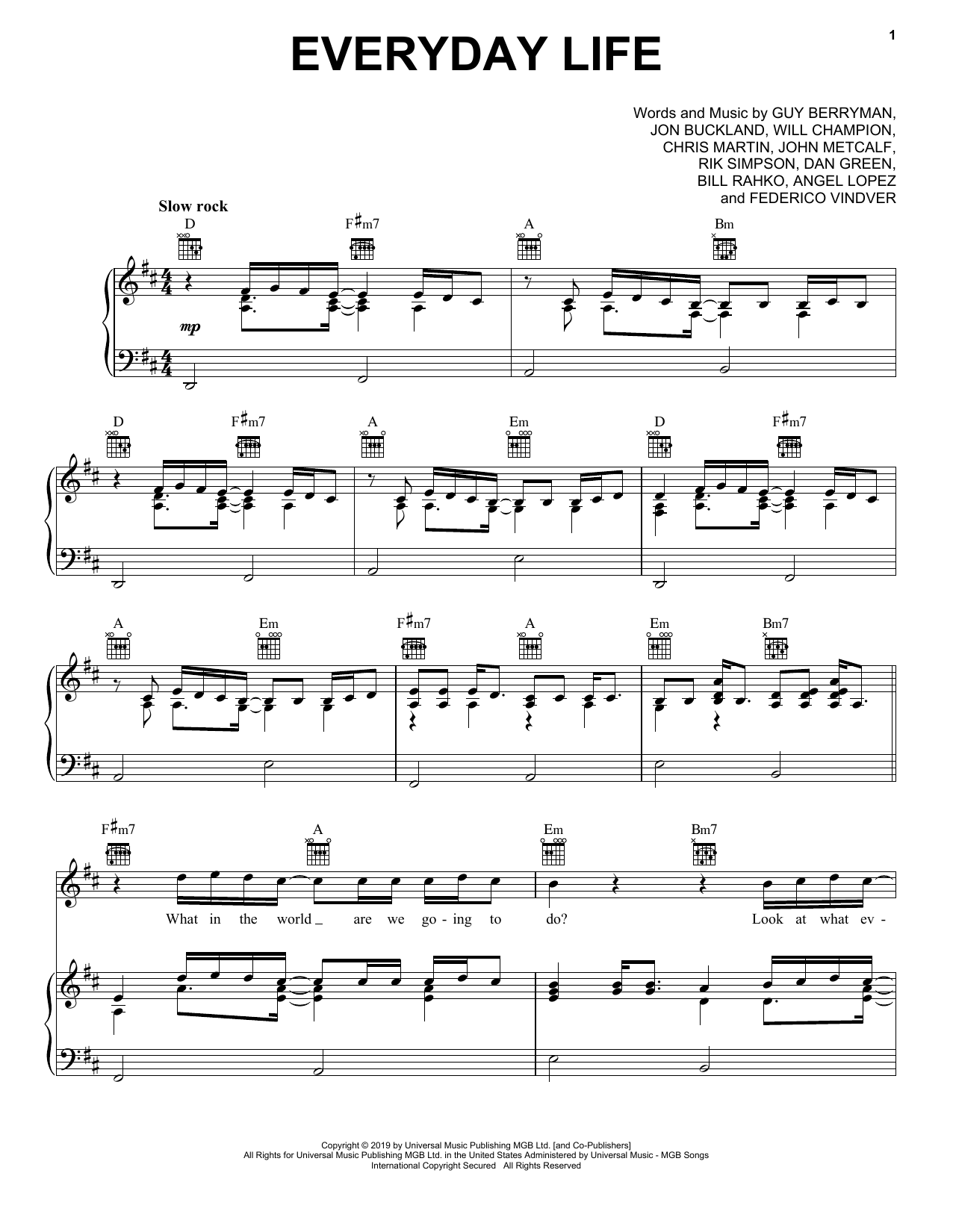 Download Coldplay Everyday Life Sheet Music and learn how to play Piano, Vocal & Guitar Chords (Right-Hand Melody) PDF digital score in minutes