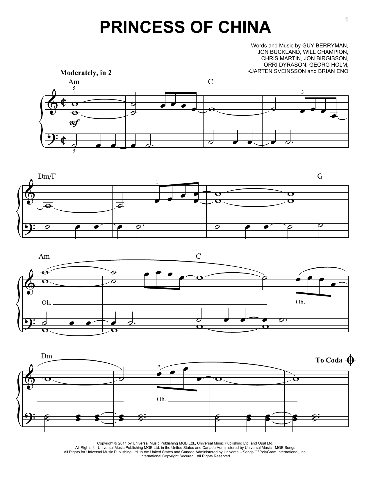 Download Coldplay featuring Rihanna Princess Of China Sheet Music and learn how to play Guitar Chords/Lyrics PDF digital score in minutes