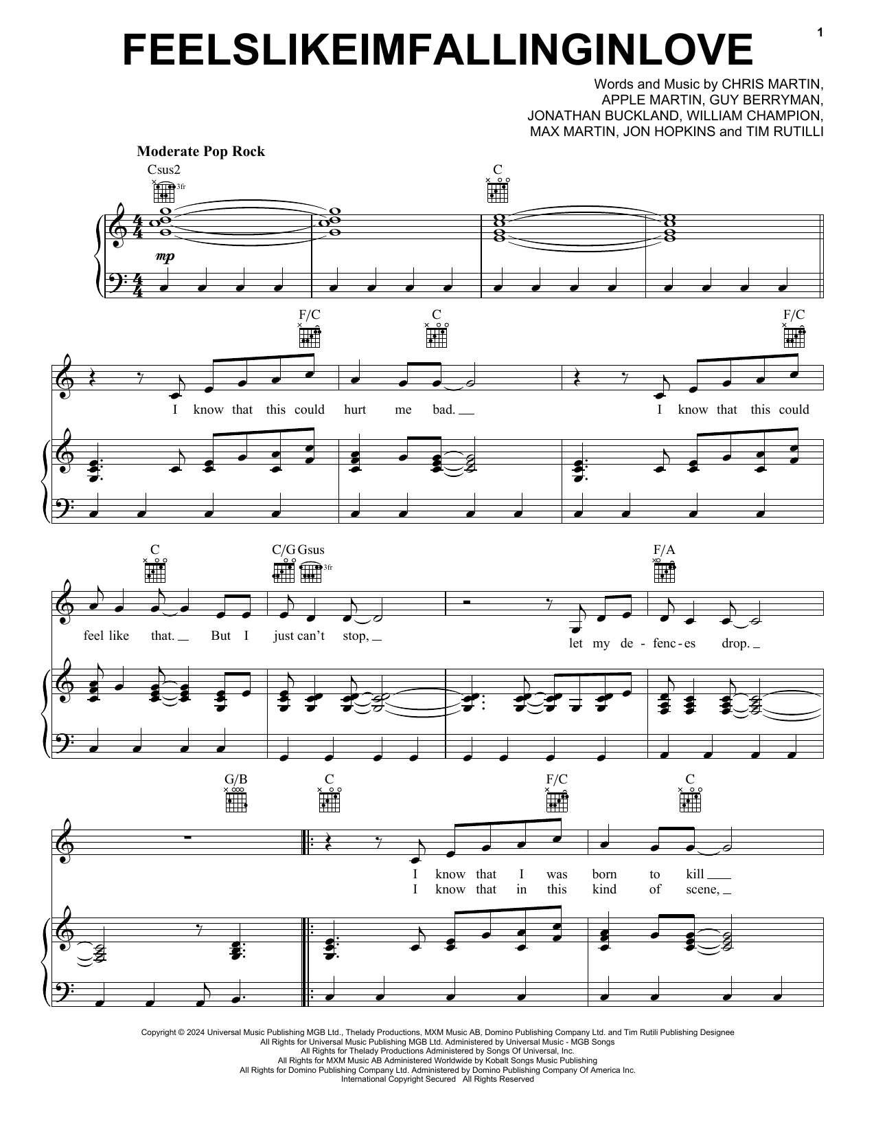 Download Coldplay feelslikeimfallinginlove Sheet Music and learn how to play Piano, Vocal & Guitar Chords (Right-Hand Melody) PDF digital score in minutes