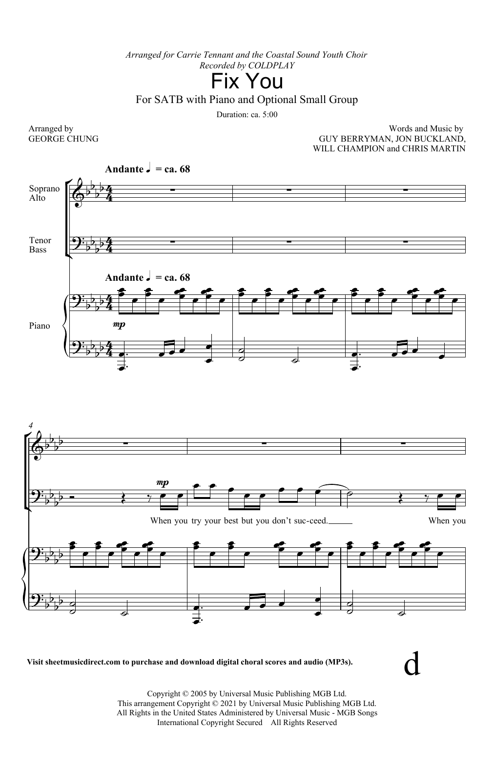 Download Coldplay Fix You (arr. George Chung) Sheet Music and learn how to play SATB Choir PDF digital score in minutes