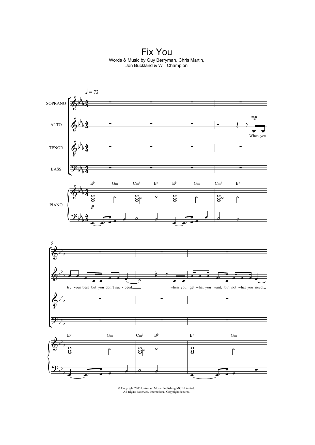 Download Coldplay Fix You Sheet Music and learn how to play SATB PDF digital score in minutes