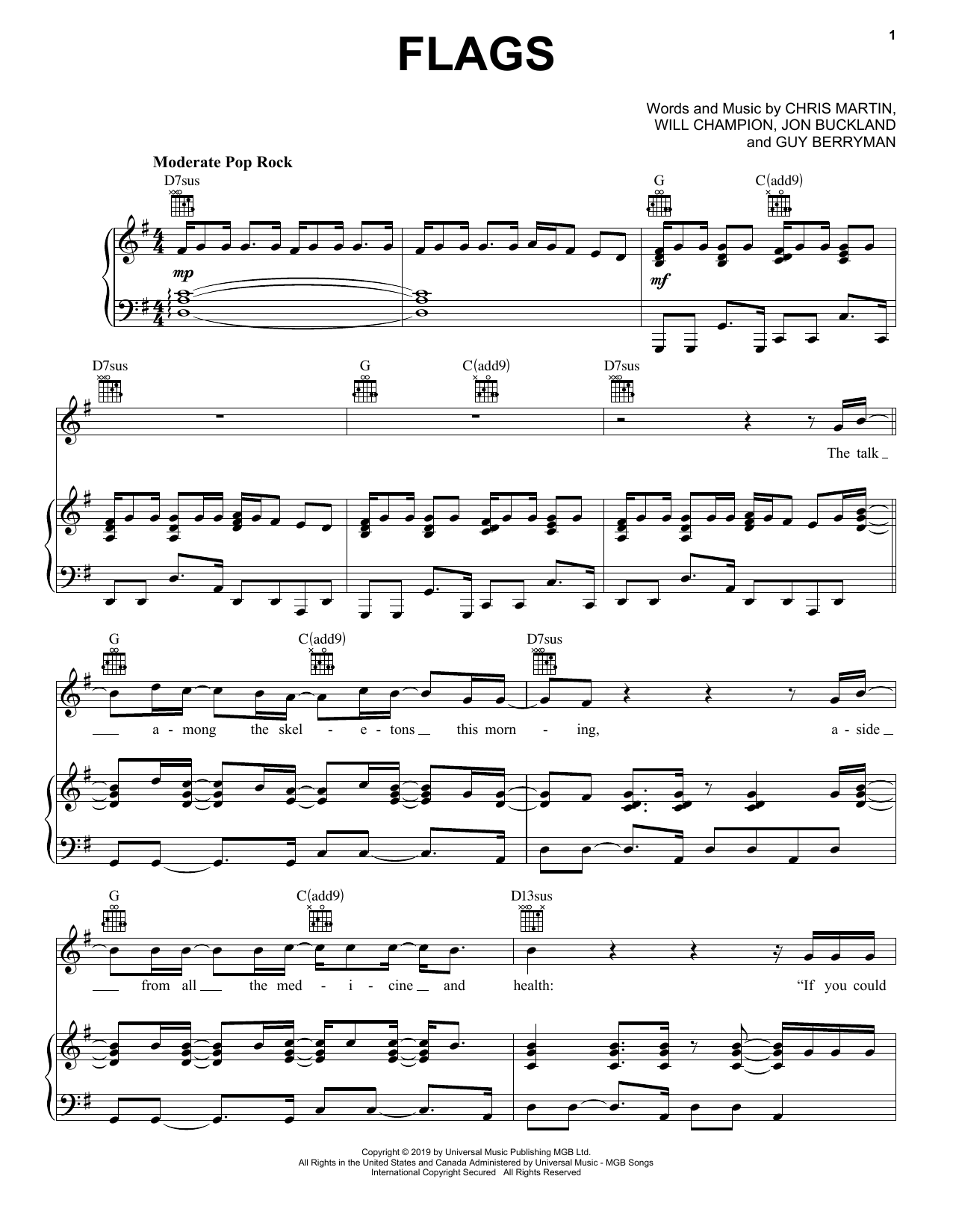 Download Coldplay Flags Sheet Music and learn how to play Piano, Vocal & Guitar Chords (Right-Hand Melody) PDF digital score in minutes