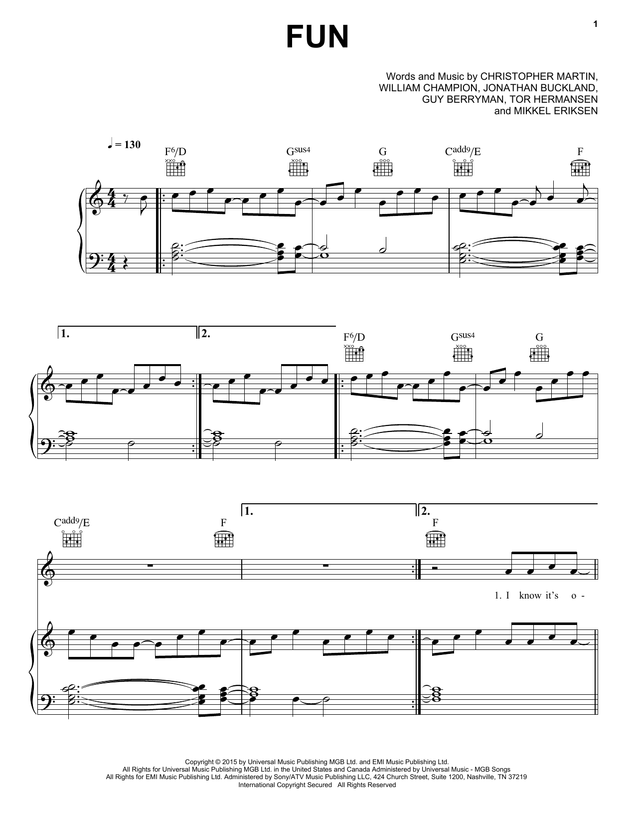 Download Coldplay Fun Sheet Music and learn how to play Piano, Vocal & Guitar (Right-Hand Melody) PDF digital score in minutes