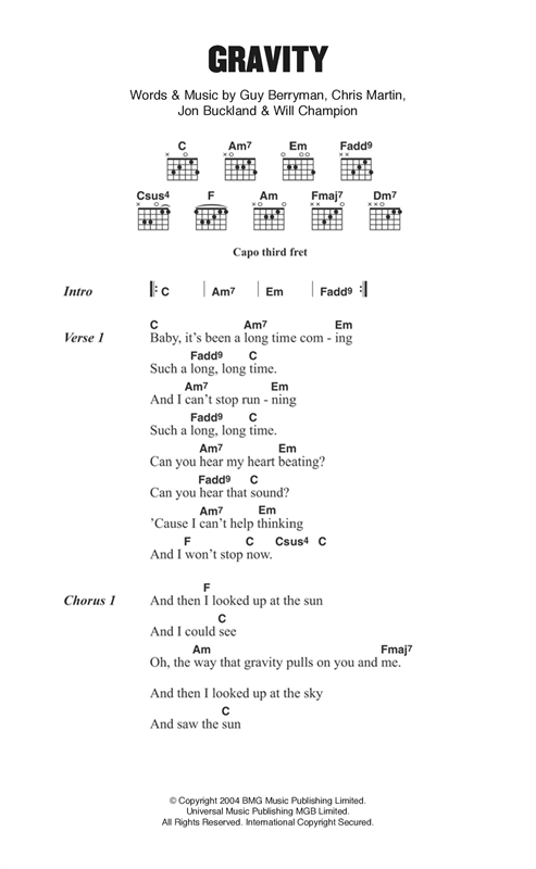 Download Coldplay Gravity Sheet Music and learn how to play Guitar Tab PDF digital score in minutes
