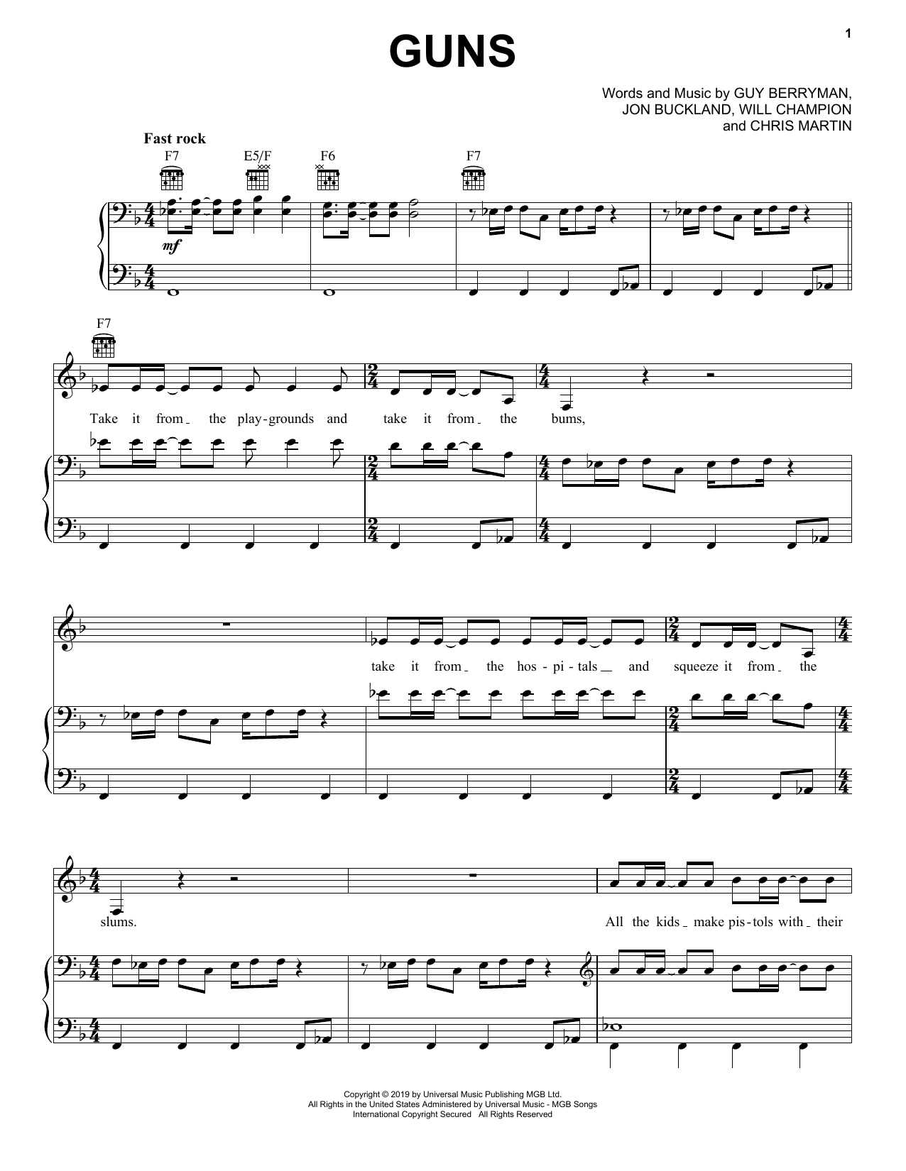 Download Coldplay Guns Sheet Music and learn how to play Piano, Vocal & Guitar Chords (Right-Hand Melody) PDF digital score in minutes