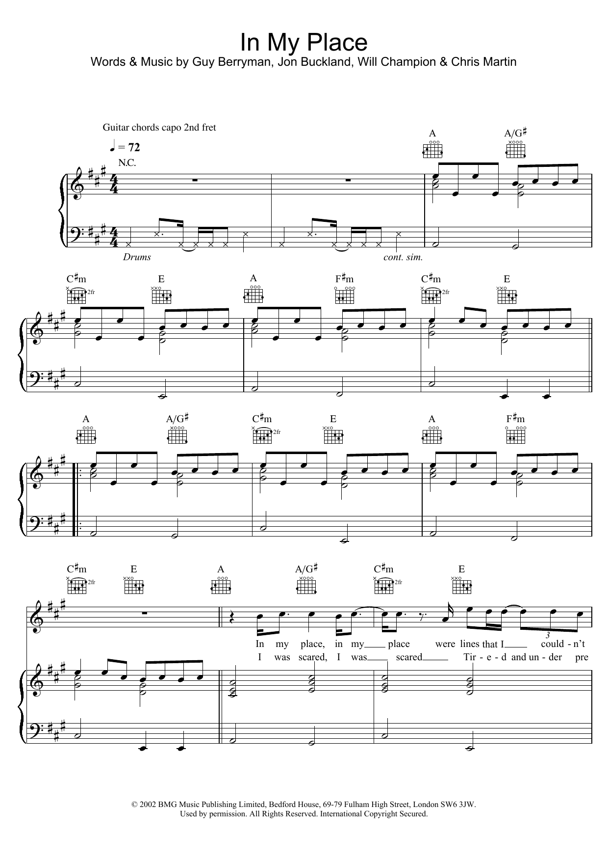 Download Coldplay In My Place Sheet Music and learn how to play Melody Line, Lyrics & Chords PDF digital score in minutes