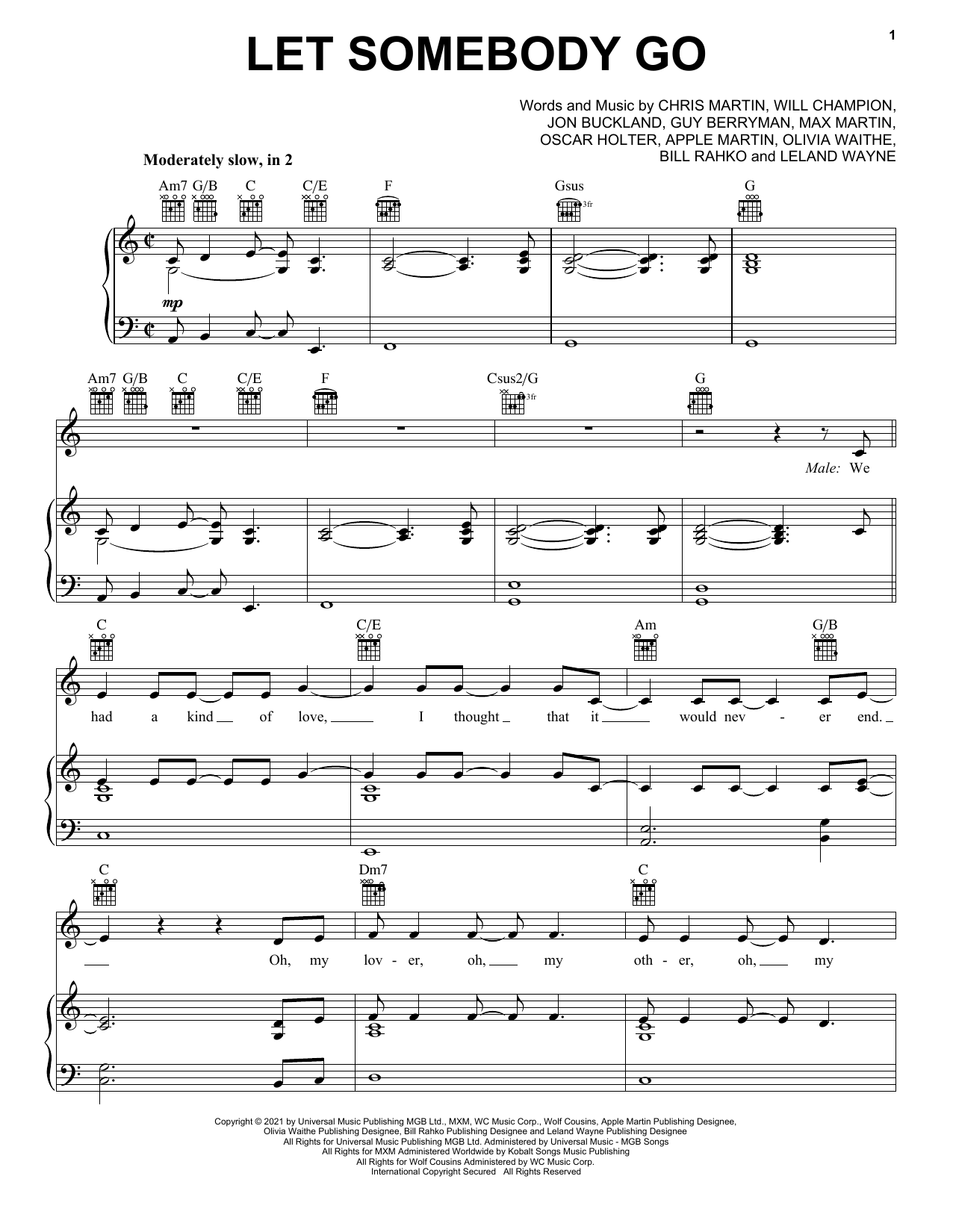 Download Coldplay Let Somebody Go (feat. Selena Gomez) Sheet Music and learn how to play Piano, Vocal & Guitar Chords (Right-Hand Melody) PDF digital score in minutes