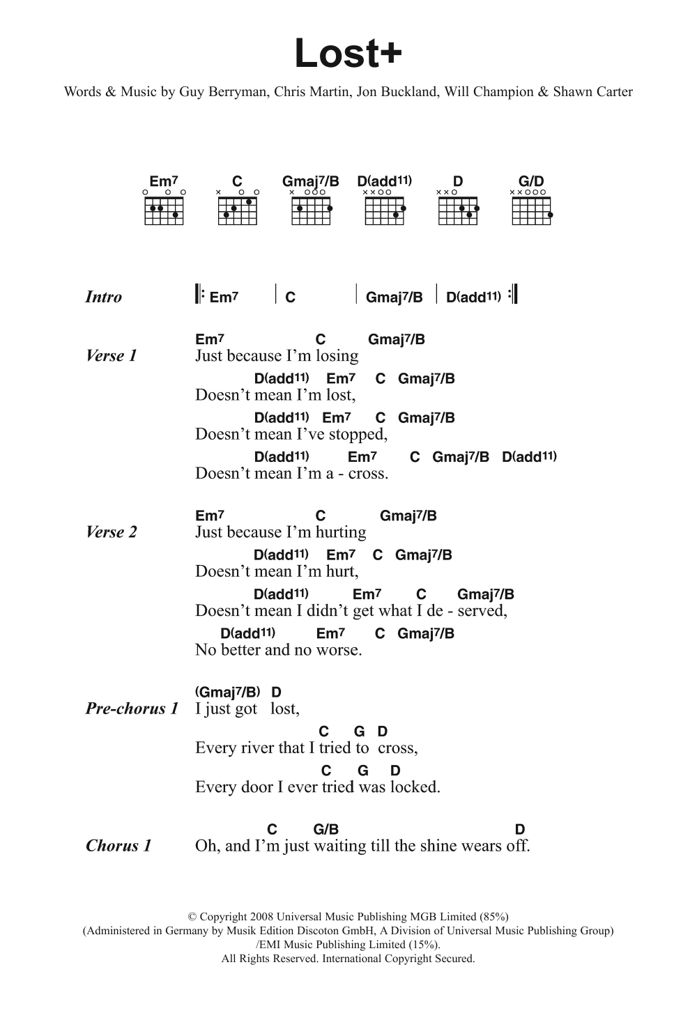 Download Coldplay Lost+ (feat. Jay-Z) Sheet Music and learn how to play Lyrics & Chords PDF digital score in minutes