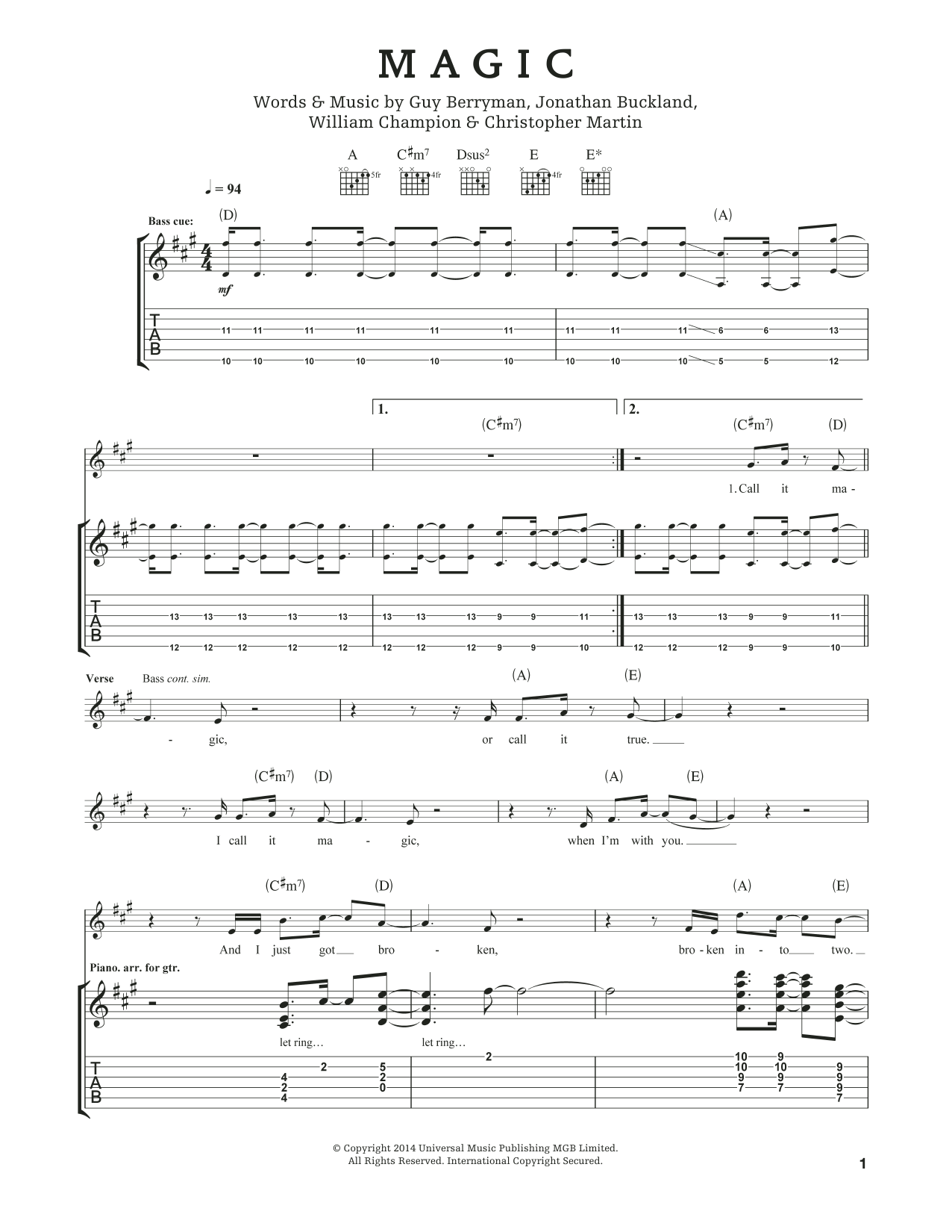 Download Coldplay Magic Sheet Music and learn how to play Guitar Tab PDF digital score in minutes