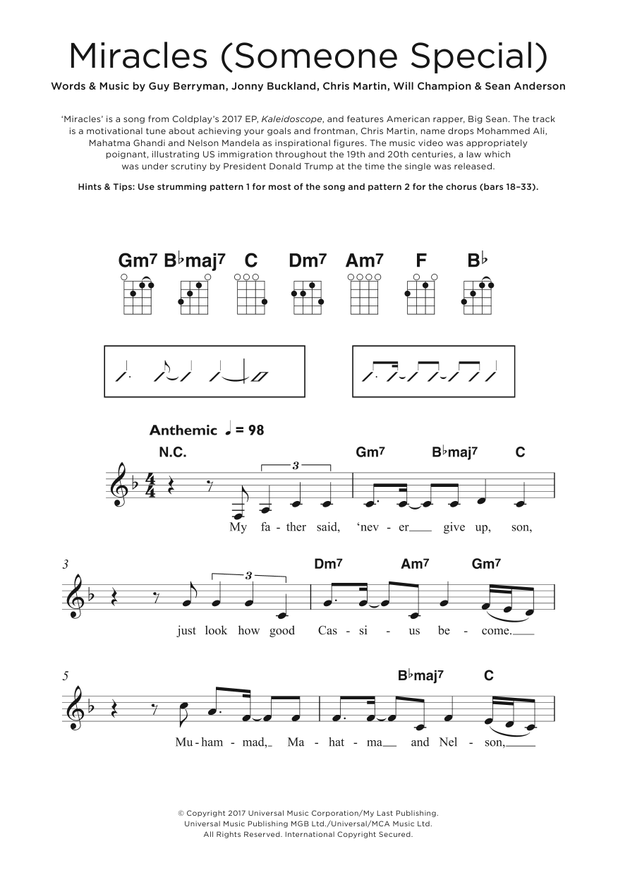 Download Coldplay Miracles (Someone Special) (feat. Big Sean) Sheet Music and learn how to play Beginner Ukulele PDF digital score in minutes