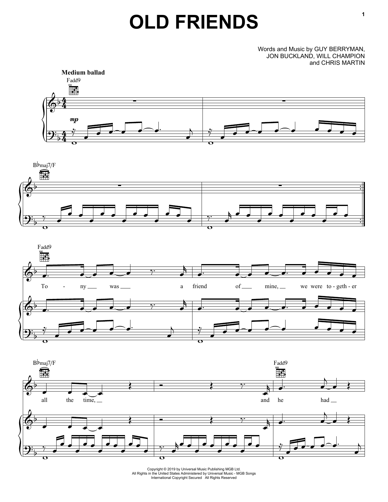 Download Coldplay Old Friends Sheet Music and learn how to play Piano, Vocal & Guitar Chords (Right-Hand Melody) PDF digital score in minutes