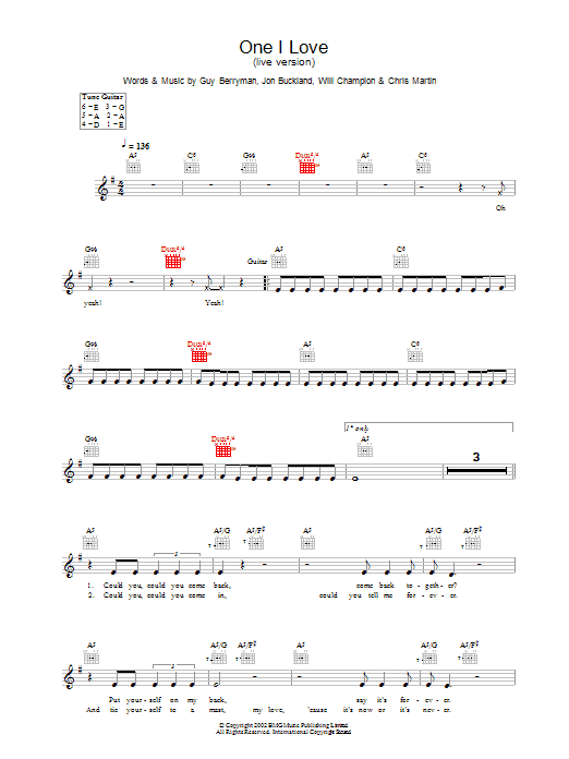 Download Coldplay One I Love Sheet Music and learn how to play Lyrics & Chords PDF digital score in minutes