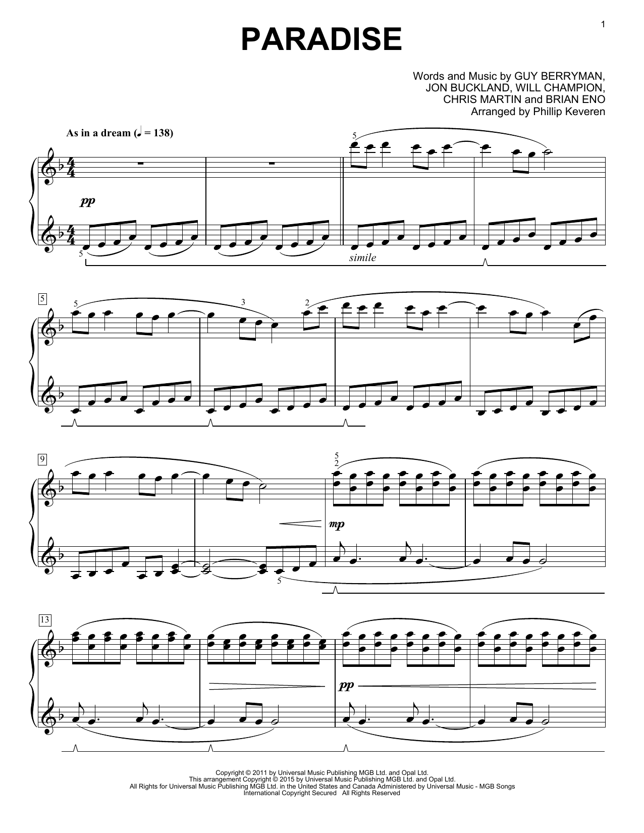 Download Coldplay Paradise Sheet Music and learn how to play Piano PDF digital score in minutes