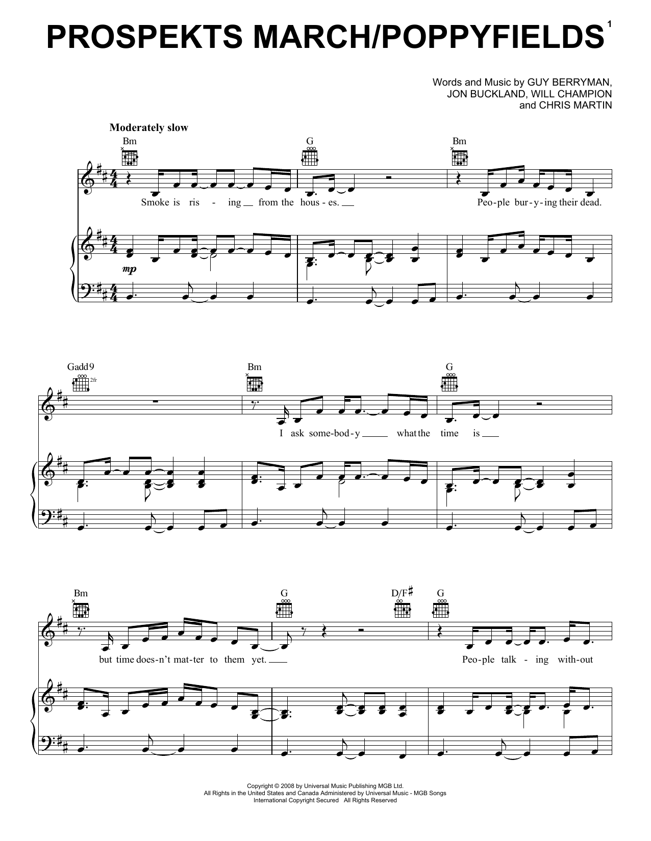 Download Coldplay Prospekts March/Poppyfields Sheet Music and learn how to play Piano, Vocal & Guitar Chords (Right-Hand Melody) PDF digital score in minutes