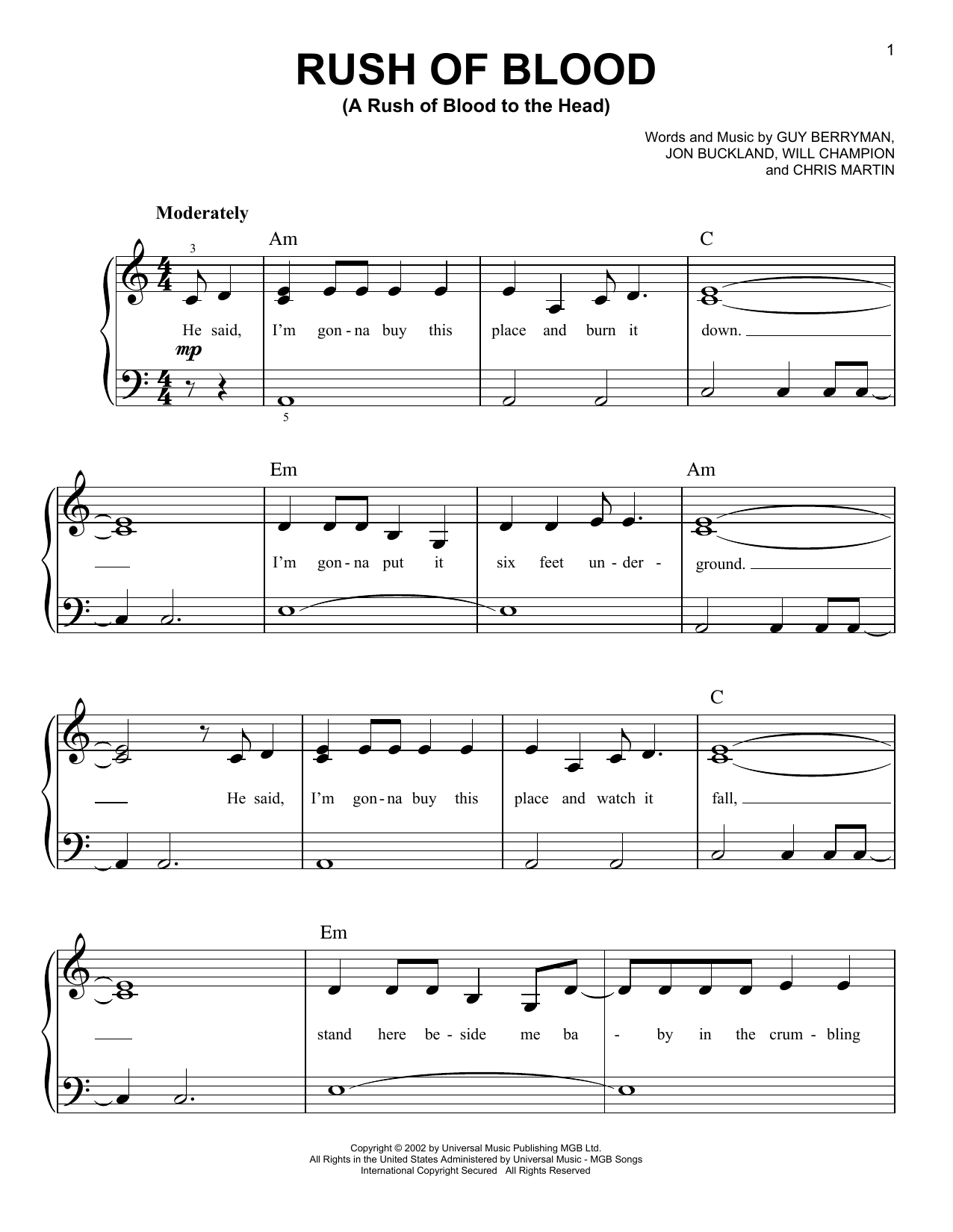Download Coldplay Rush Of Blood (A Rush Of Blood To The Head) Sheet Music and learn how to play Easy Piano PDF digital score in minutes