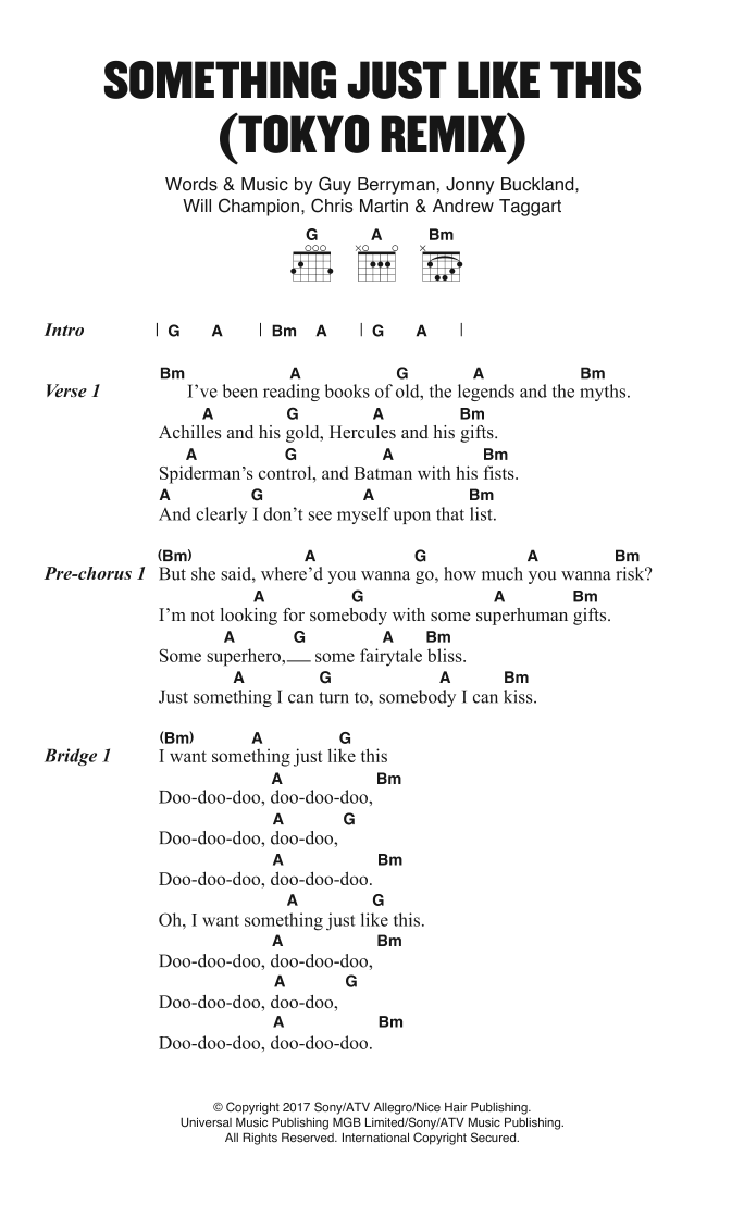 Download Coldplay Something Just Like This (Tokyo Remix) Sheet Music and learn how to play Lyrics & Chords PDF digital score in minutes