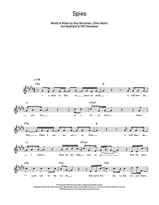 Coldplay Spies Sheet Music
